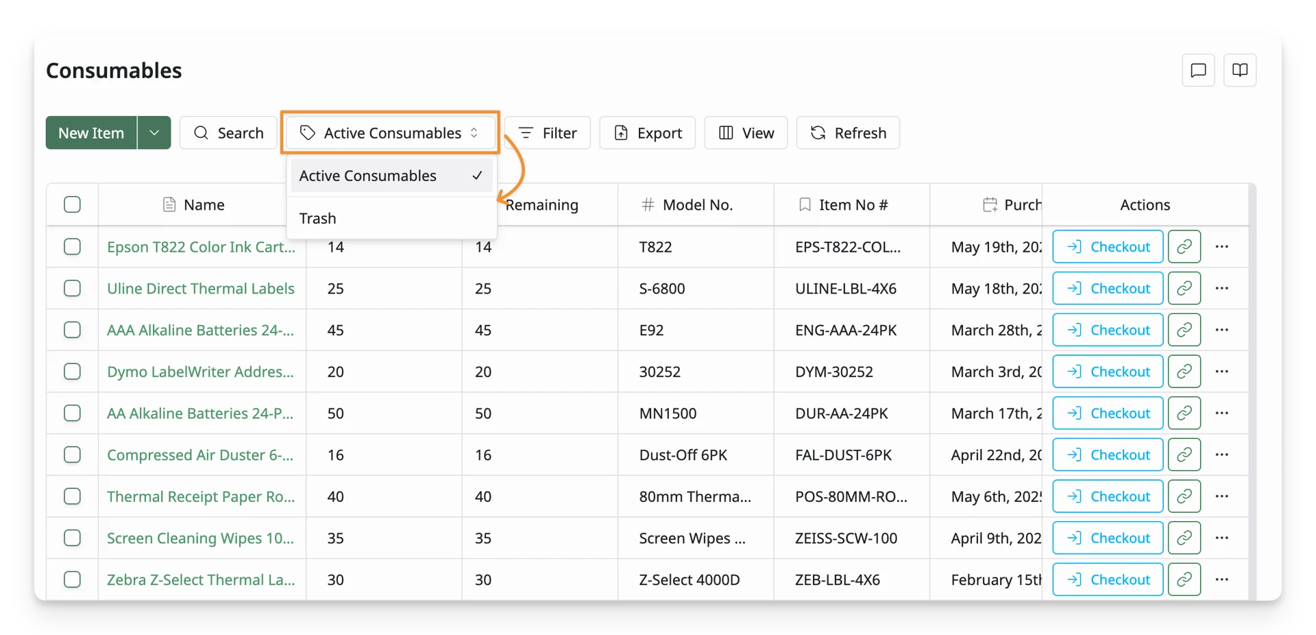 View Active/Trash Consumables View Active/Trash Consumables