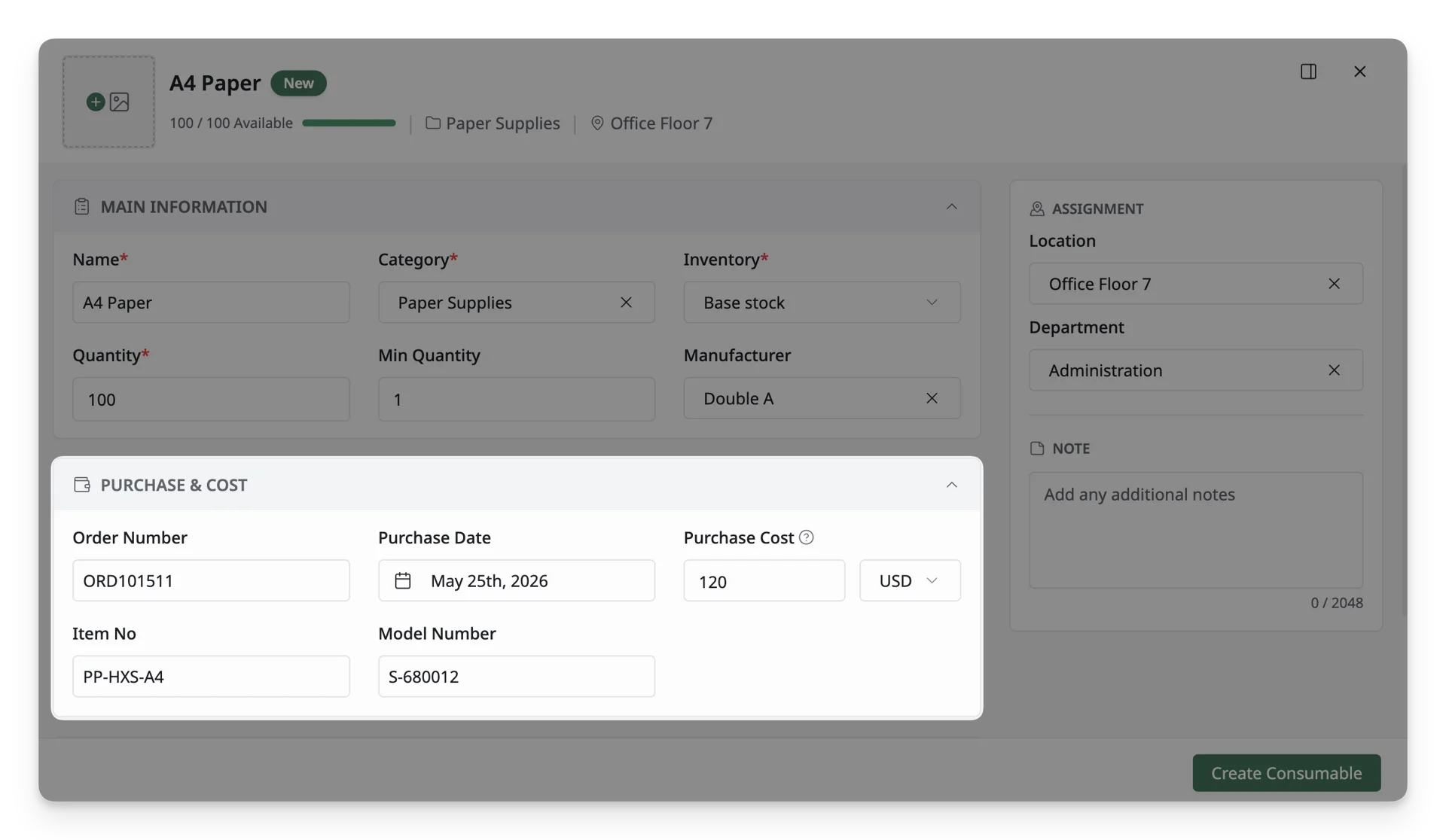 Consumable Purchase & Cost Information Consumable Purchase & Cost Information