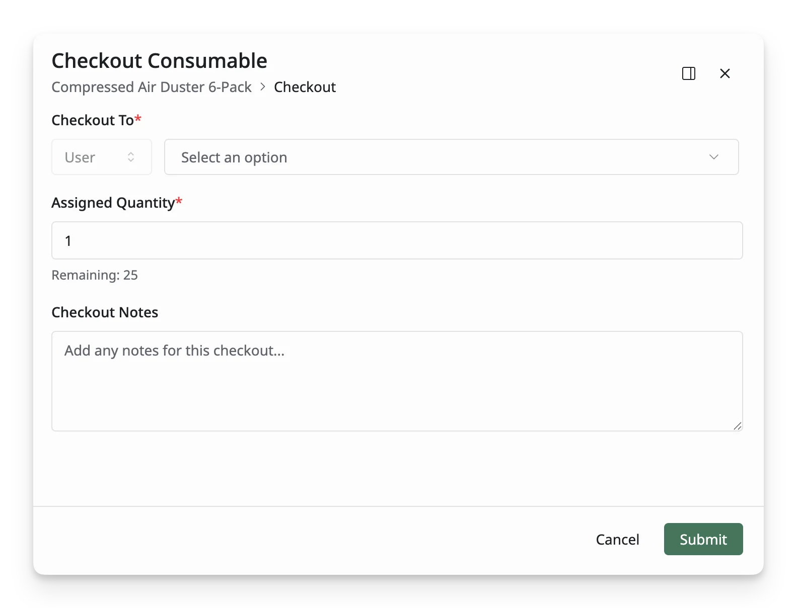 Checkout Consumable Screen Checkout Consumable Screen