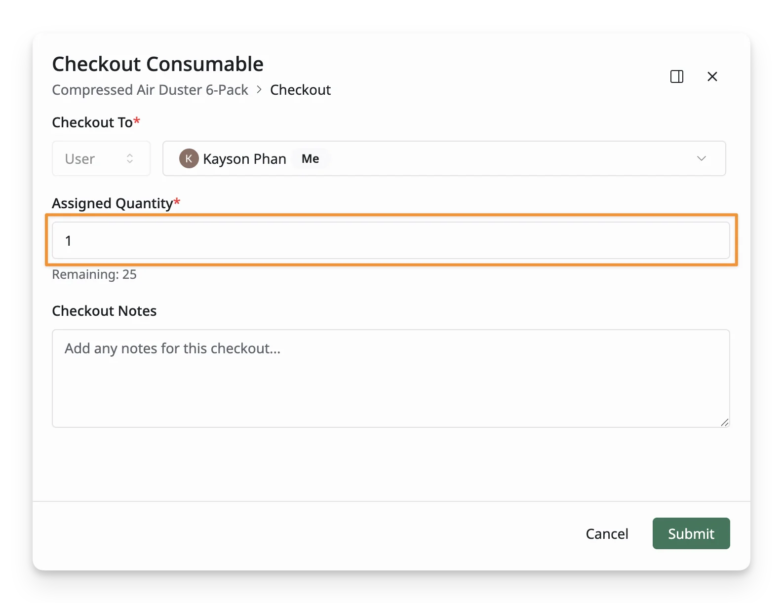 Assigned Consumable Quantity Assigned Consumable Quantity