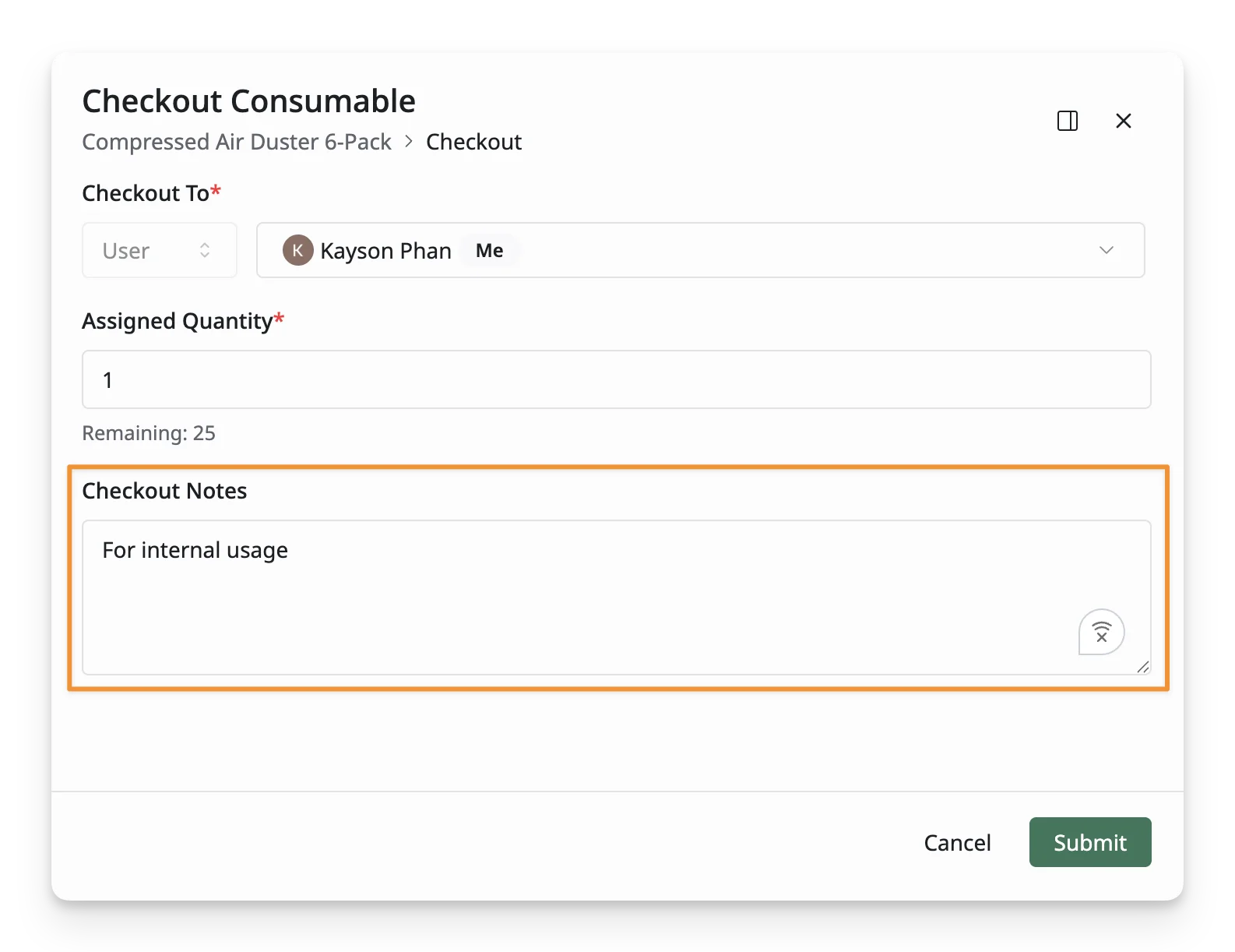Checkout Consumable Note Checkout Consumable Note