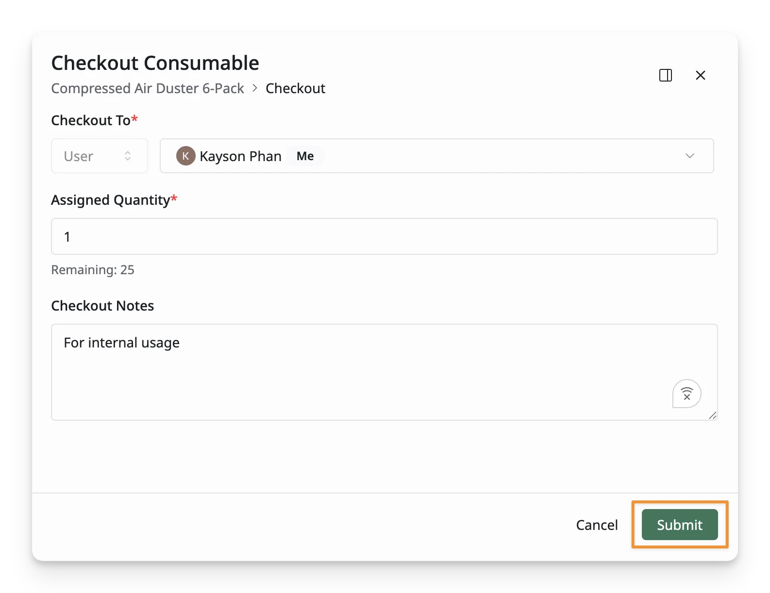 Submit Consumable Checkout Form Submit Consumable Checkout Form