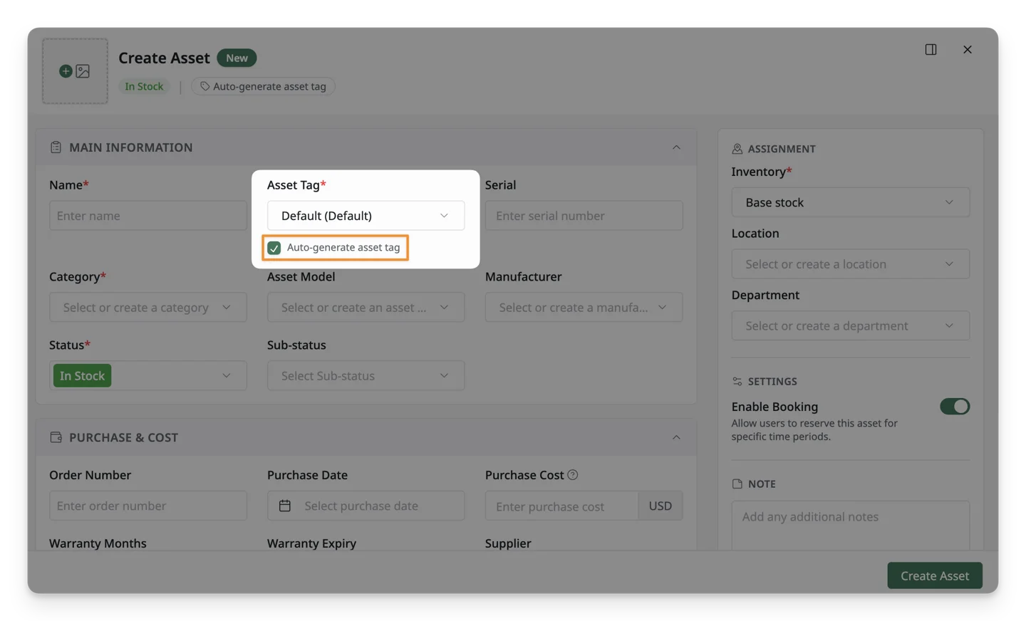 enable or disable auto-generated Asset Tags