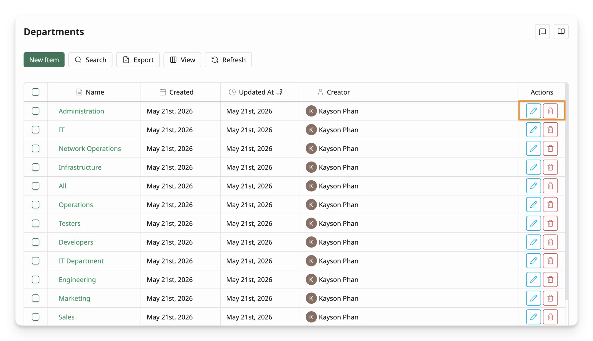 Actions With Department List