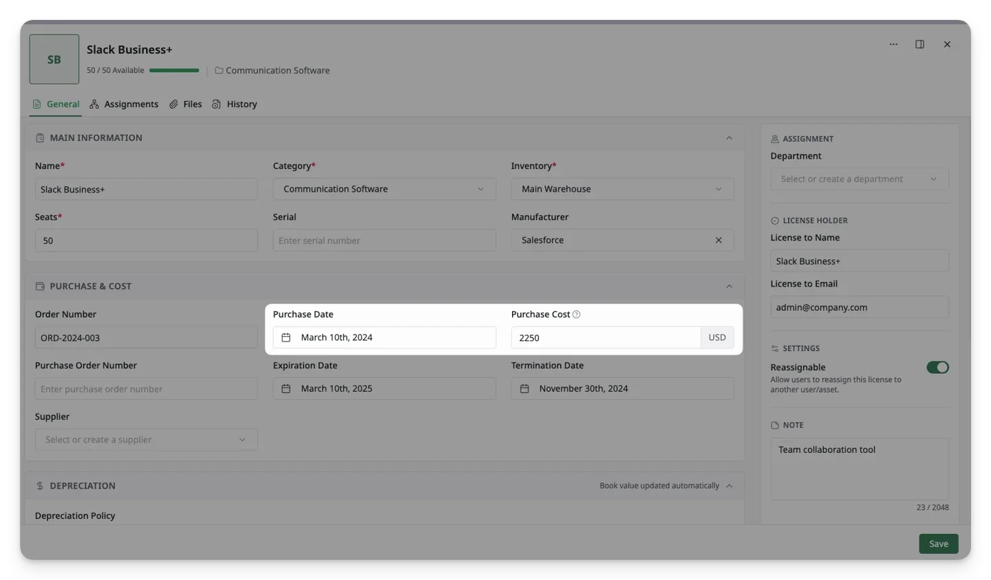 AssetLoom can only calculate depreciation when the asset or license has both Purchase Date and Purchase Cost filled in