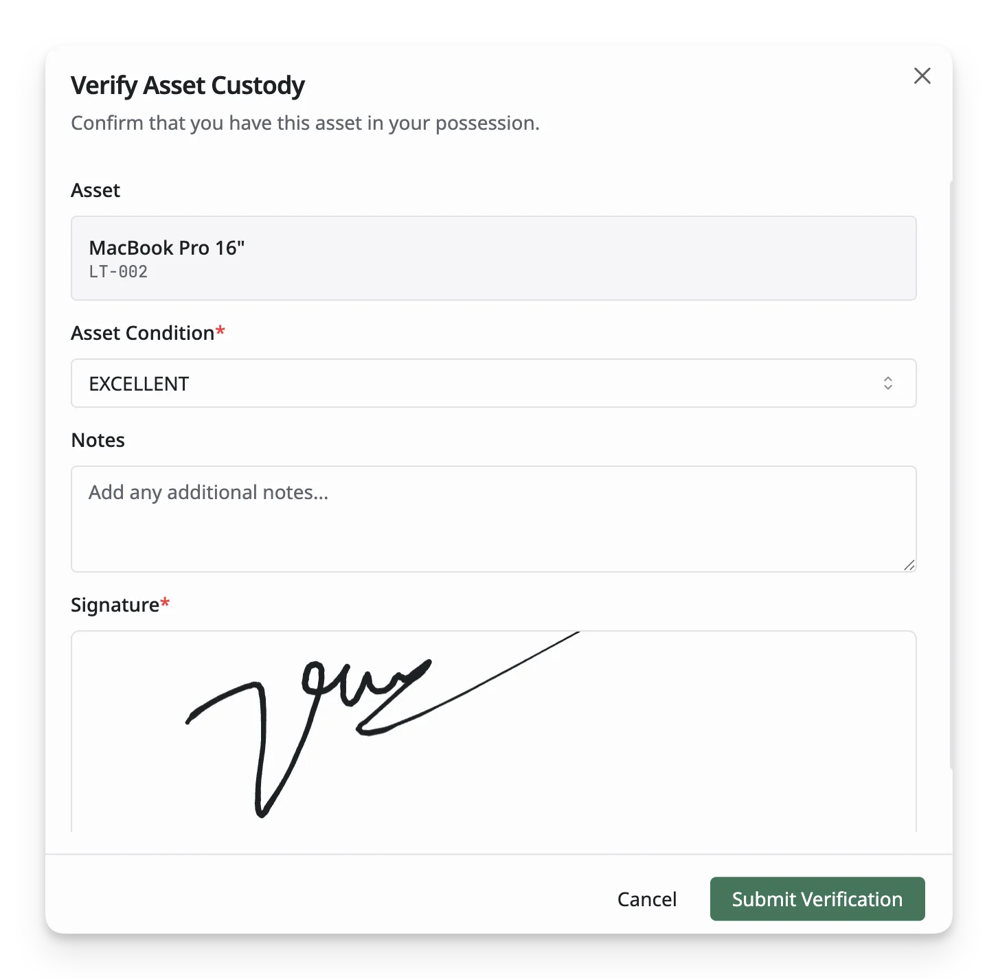 Confirm that the asset is currently in your possession