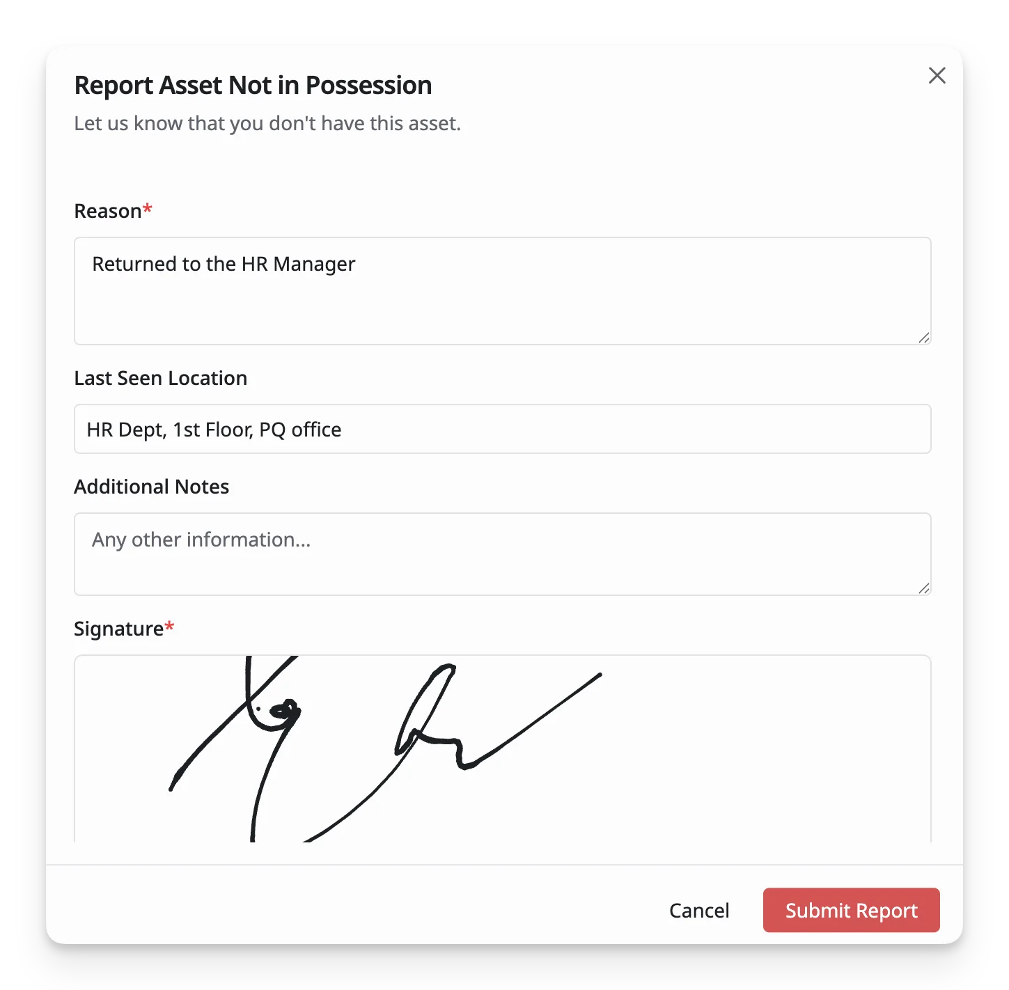report that the asset is not currently in your possession