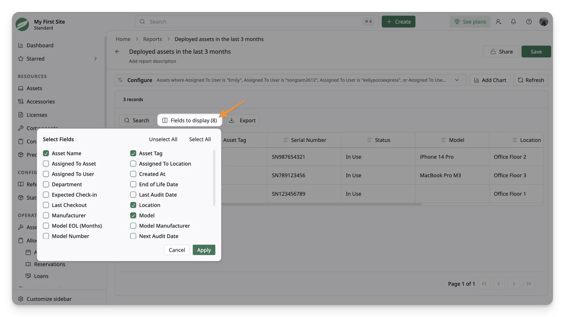 Choose fields to display