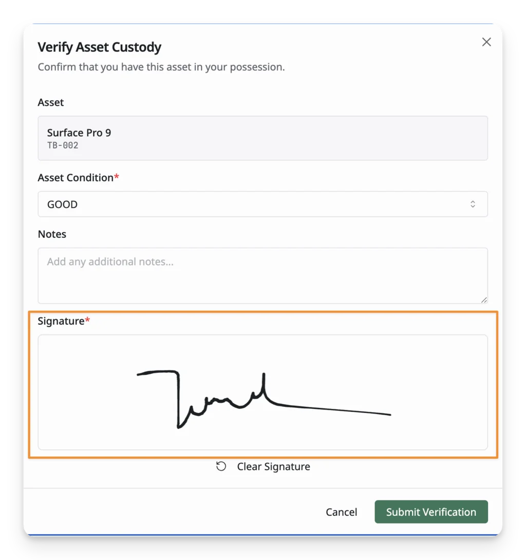 Require signature for custody verification