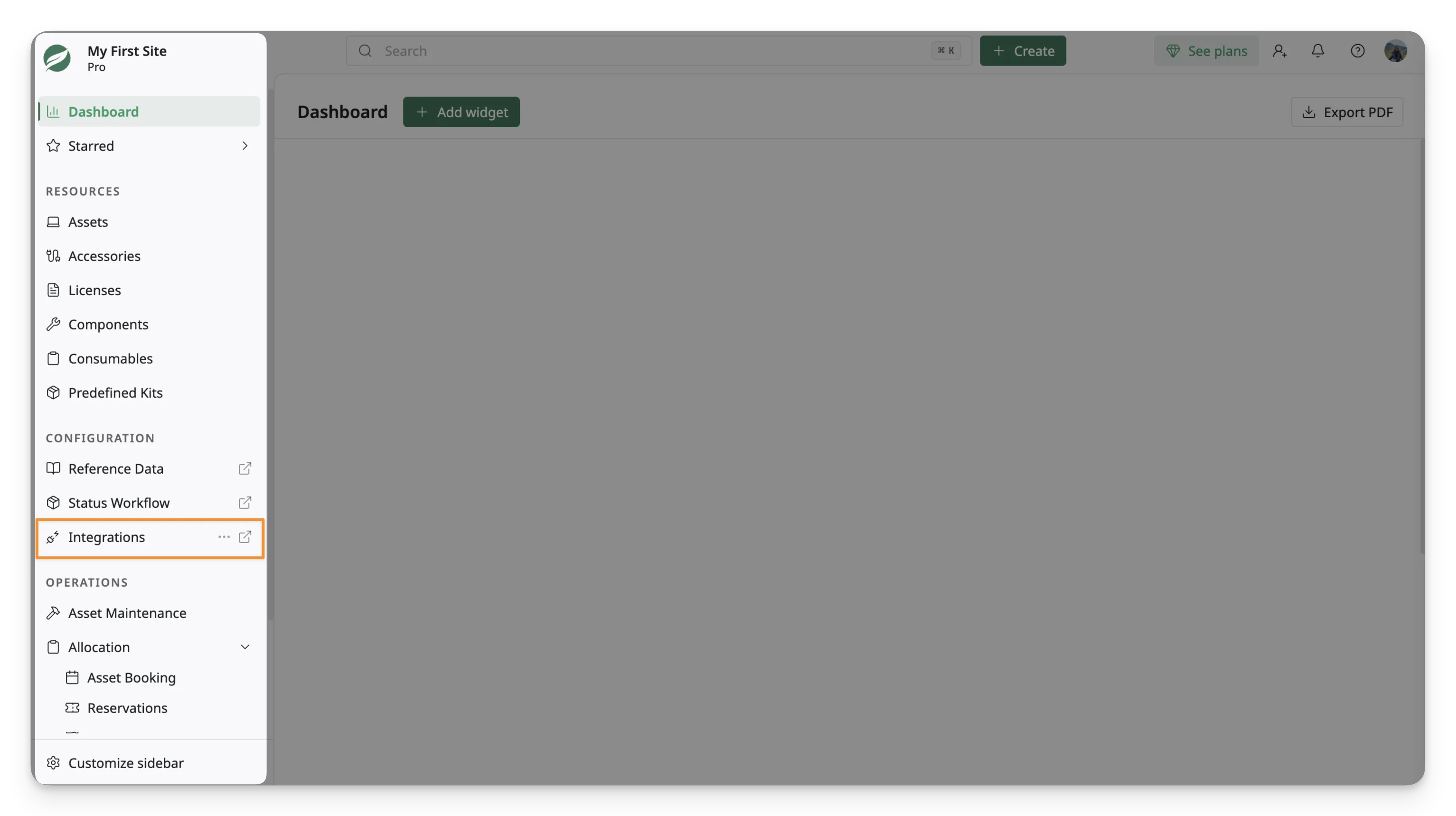 Access the integration hub from the left-side menu