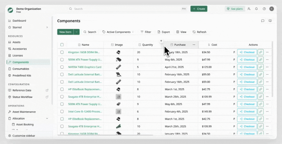 Component List - Add hidden columns Component List - Add hidden columns
