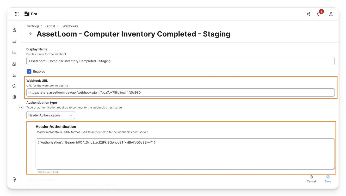 Paste the Webhook URL and Header JSON from AssetLoom to Jamf