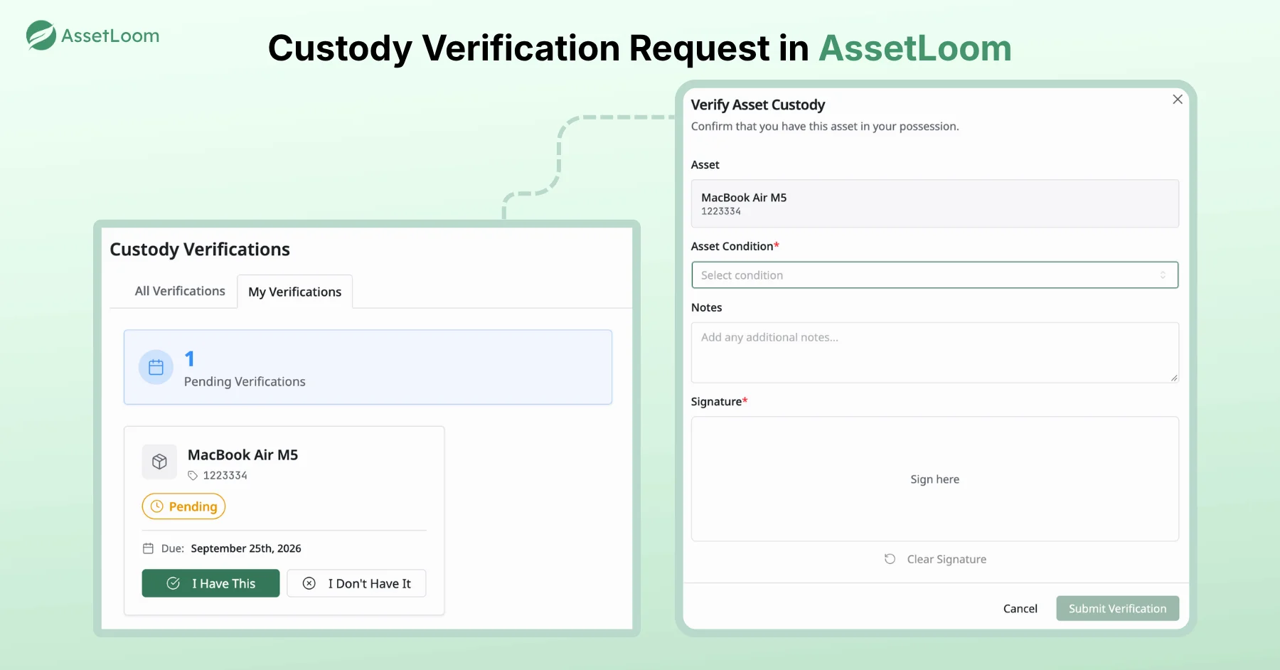 Custody Verification Request in AssetLoom