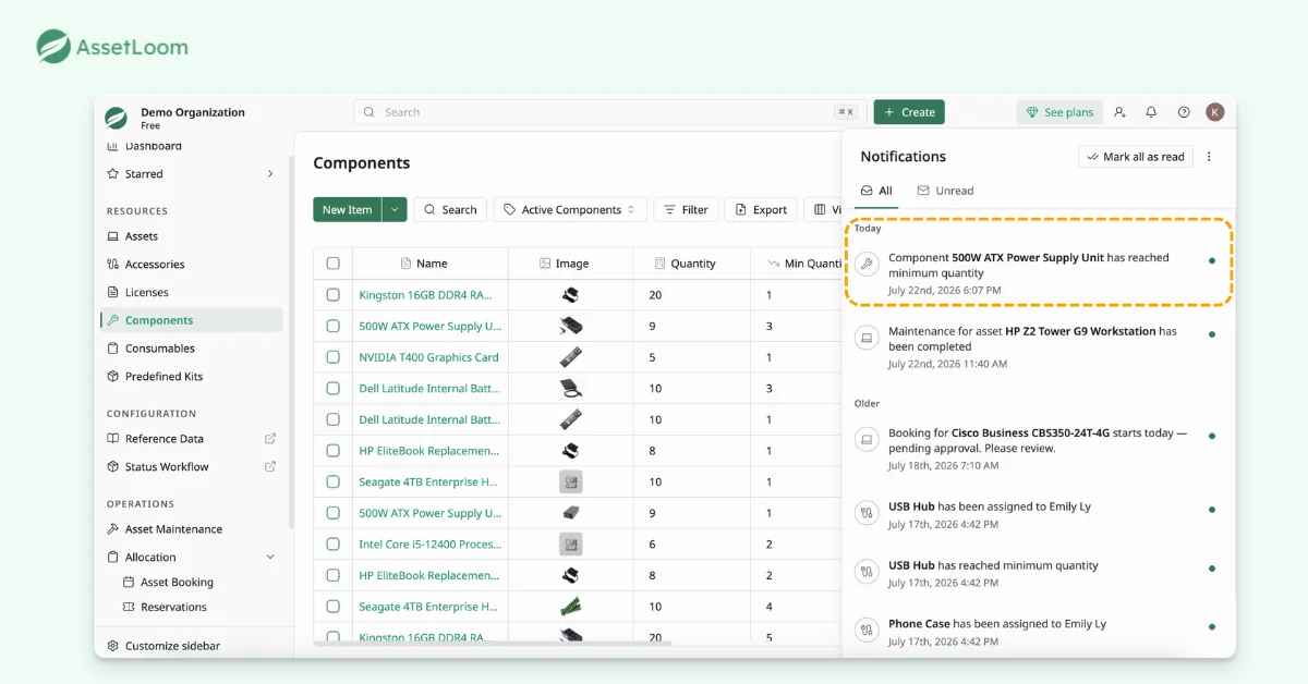 Component Availability  For Repairs - Step 2: Low Quantity Alerts