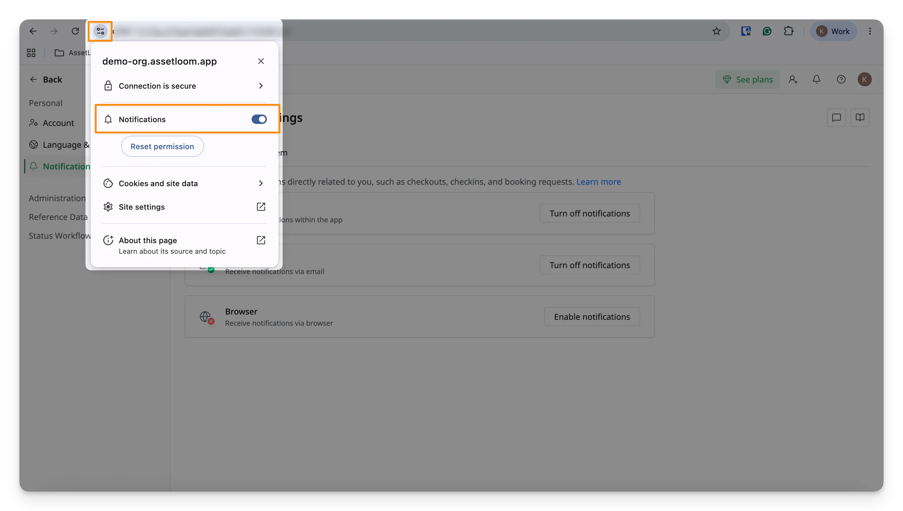 Browser notification settings