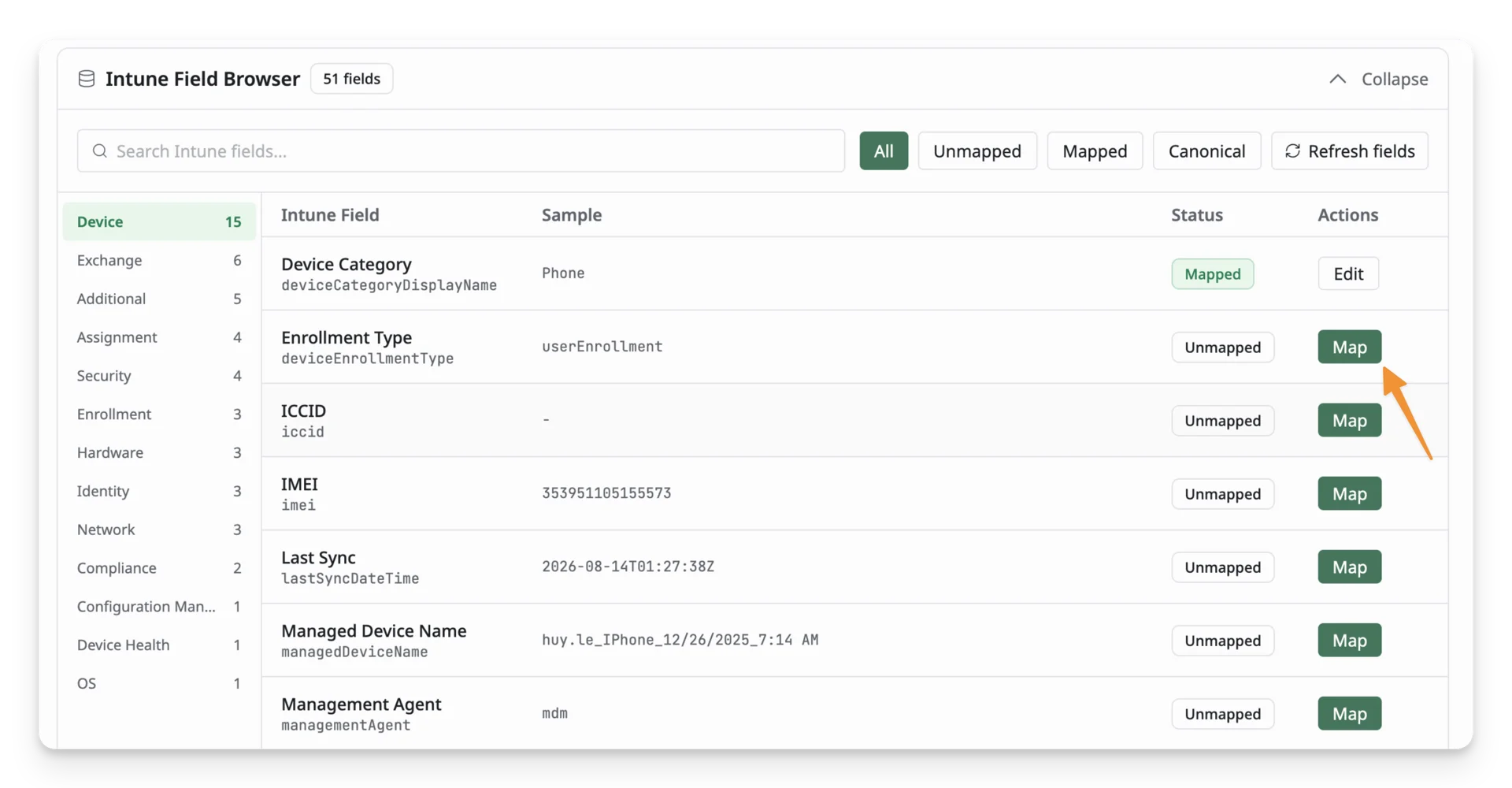 o map an Unmapped field directly from the browser, click the Map button next to it.