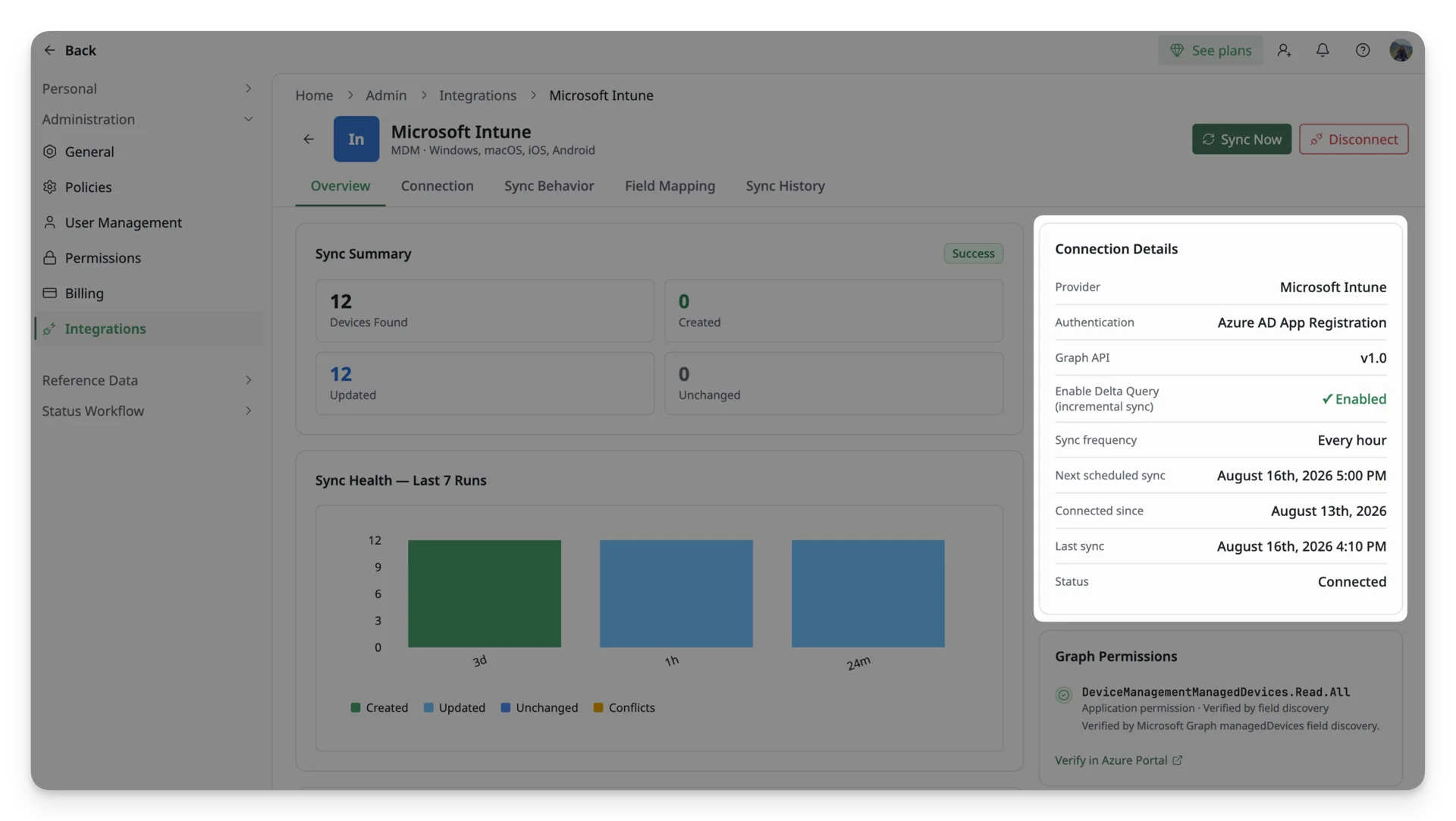 The Intune integration feature Connection Details The Intune integration feature Connection Details