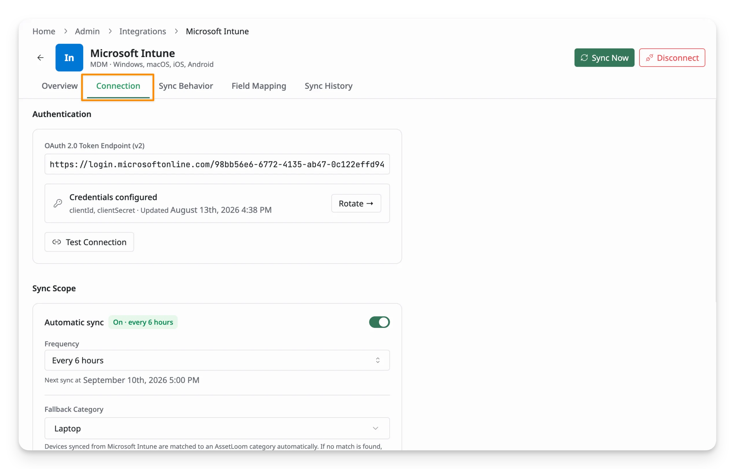 Connection hub in Microsoft Intune