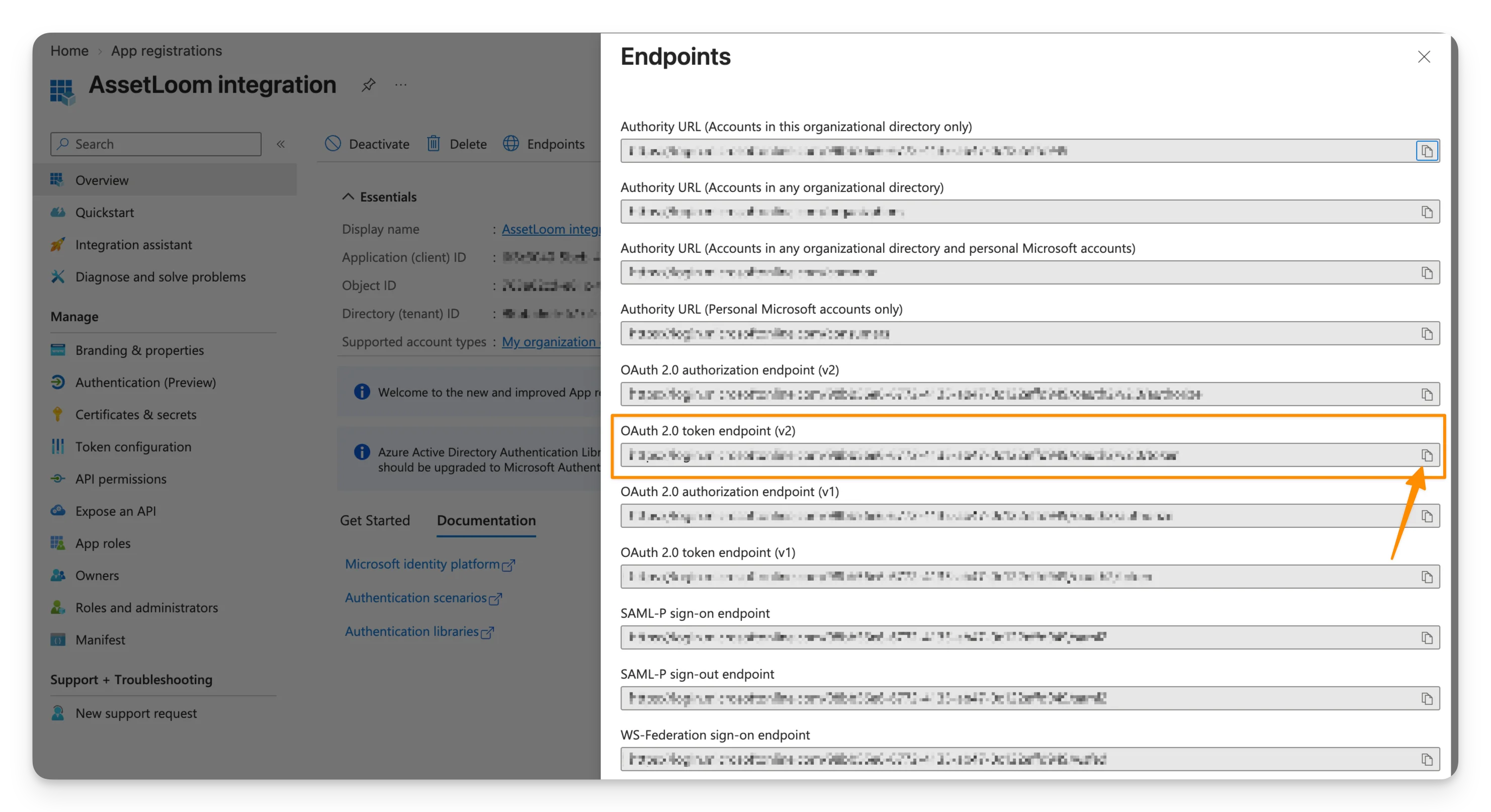 copy the OAuth 2.0 token endpoint (v2)