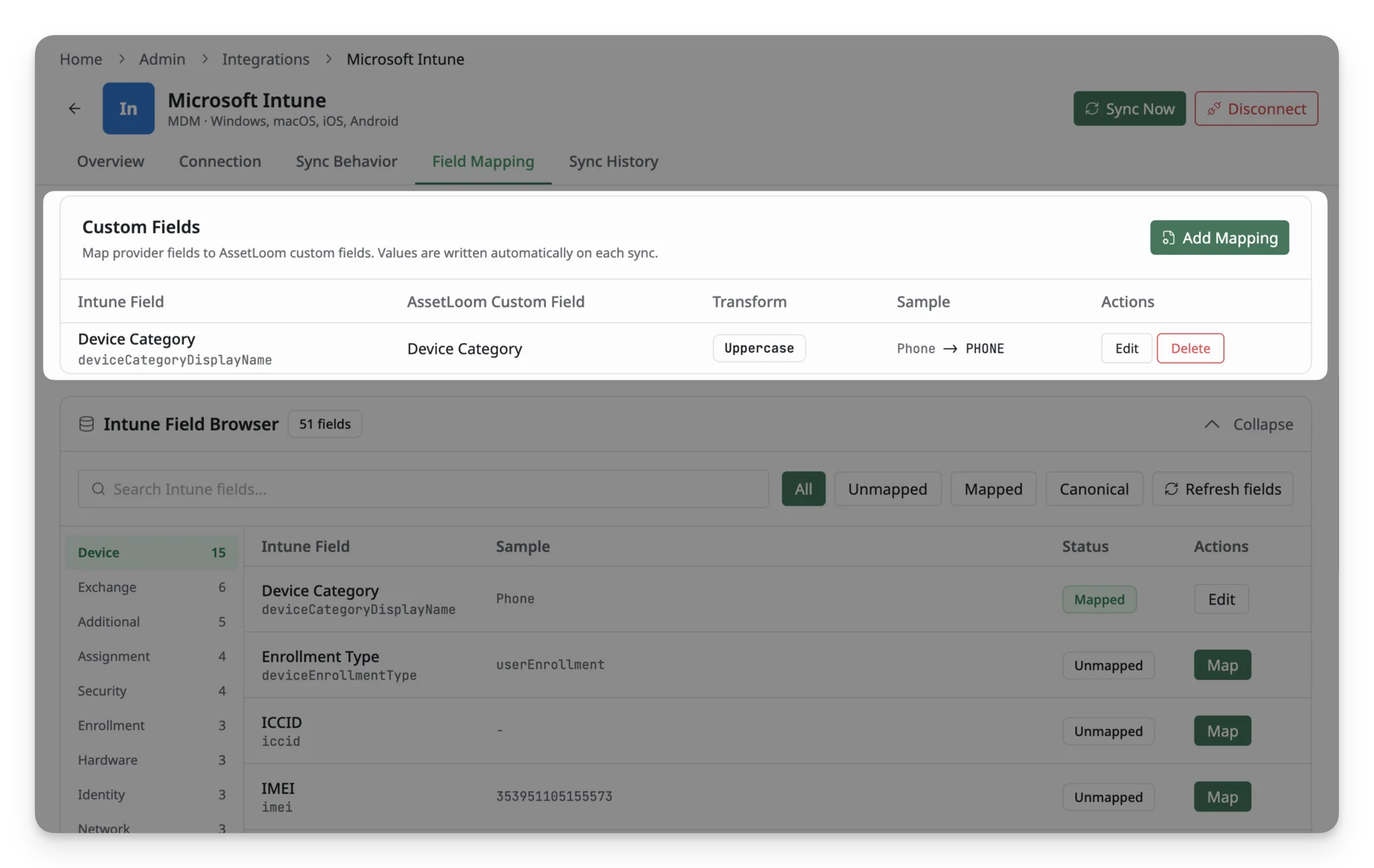 custom field mapping in Intune integration