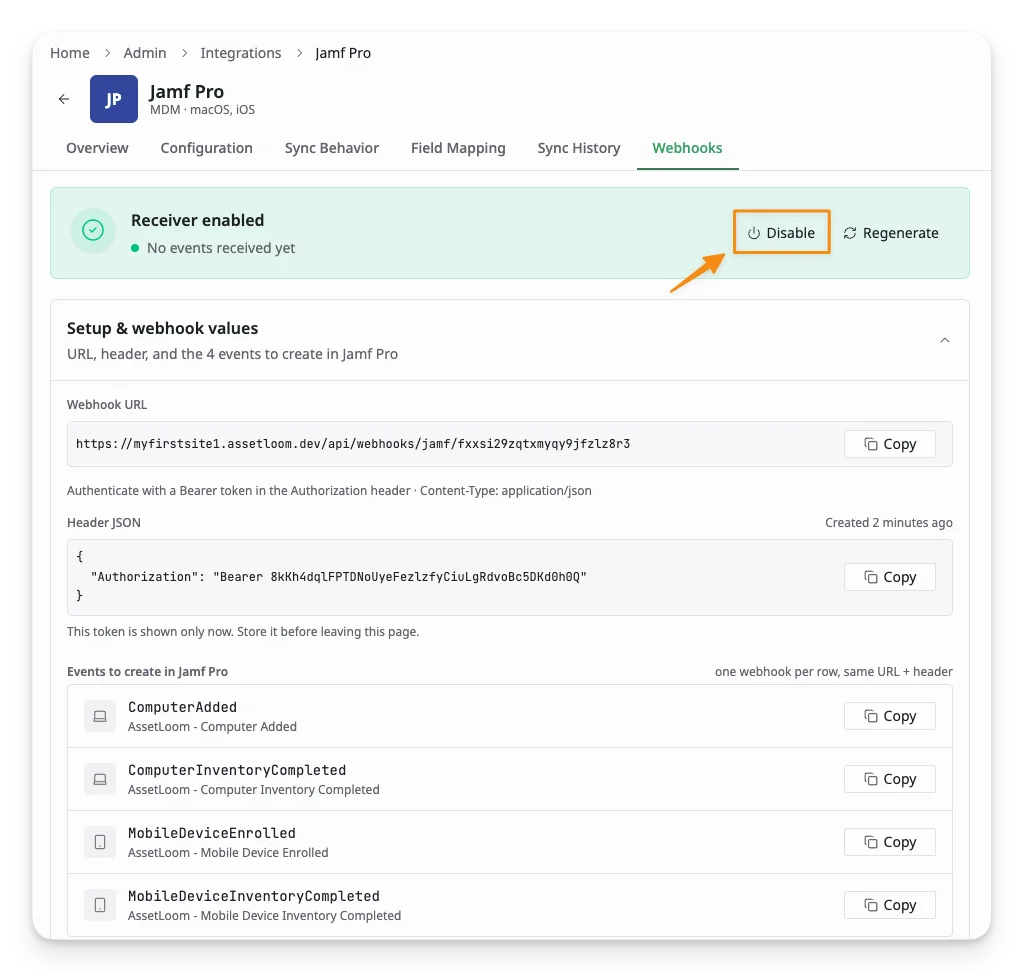 disable the webhook receiver