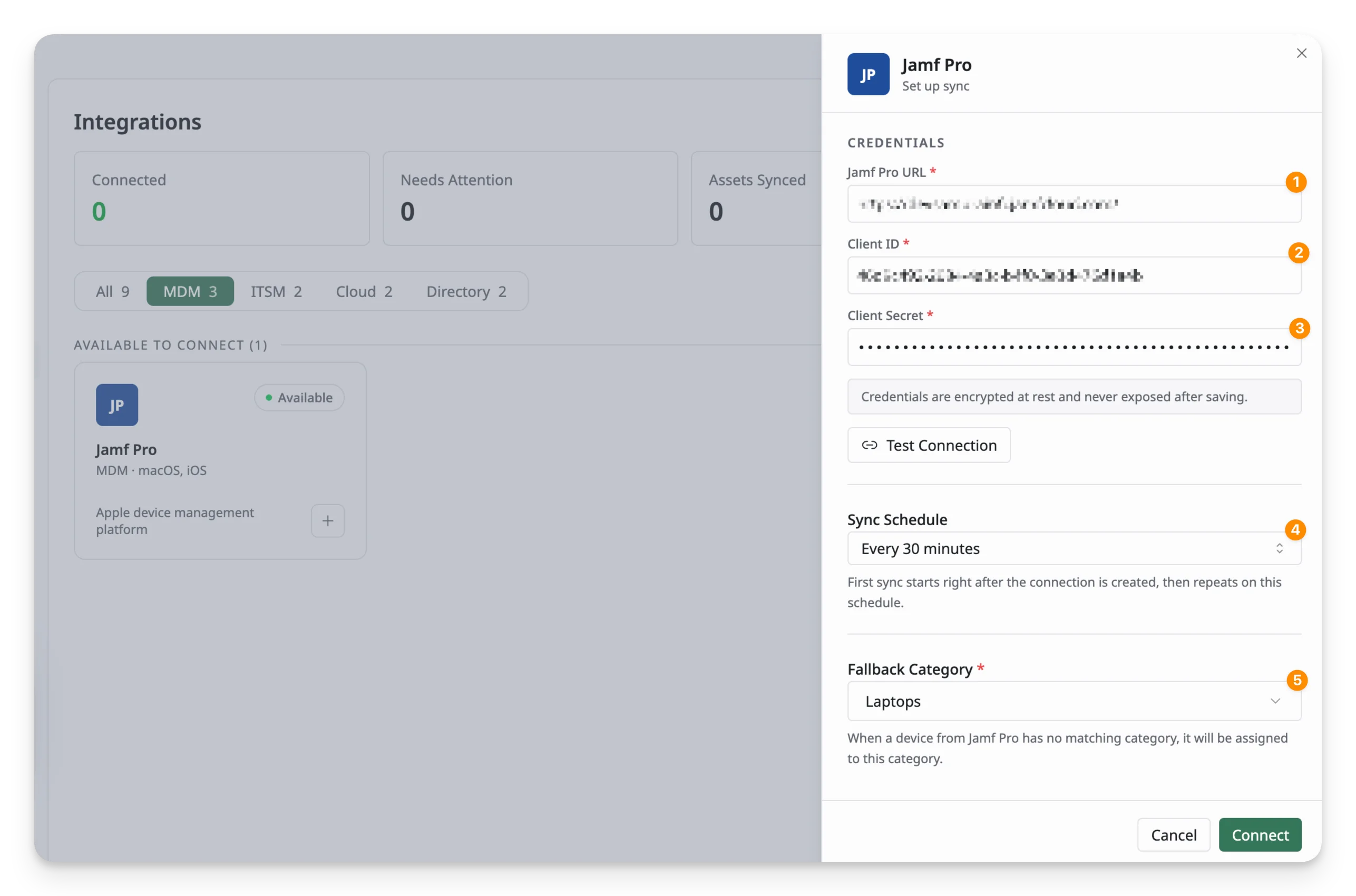 enter Credentials and set up sync schedule and fallback category