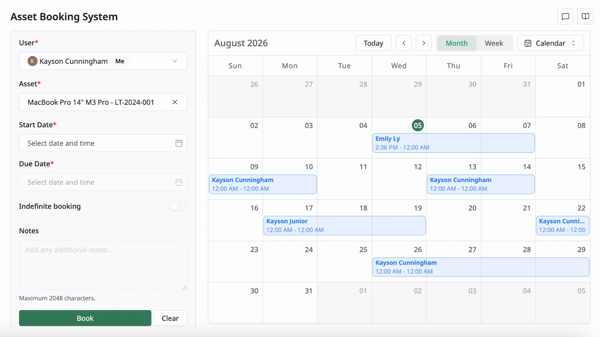 AssetLoom booking calendar and request form
