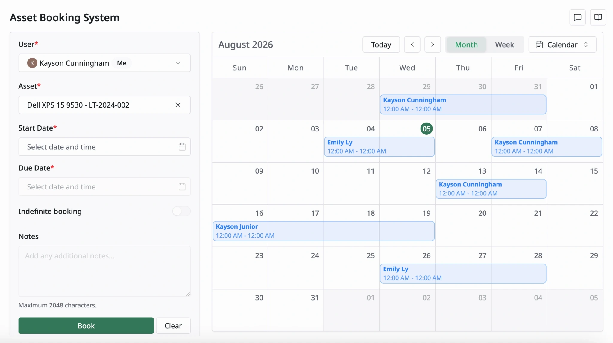 Month view calendar showing bookings across the month
