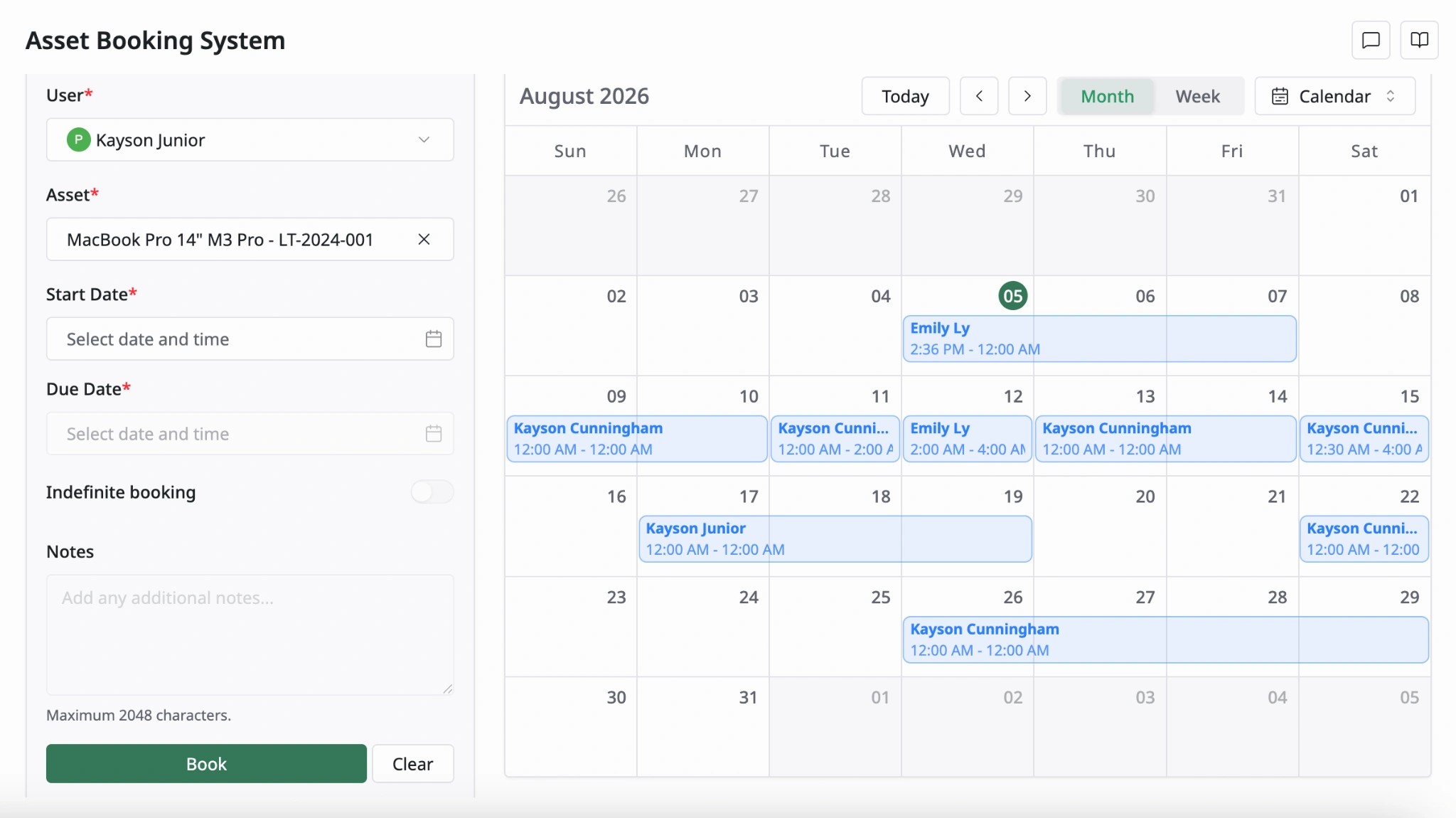 Asset booking form showing availability before a request is submitted