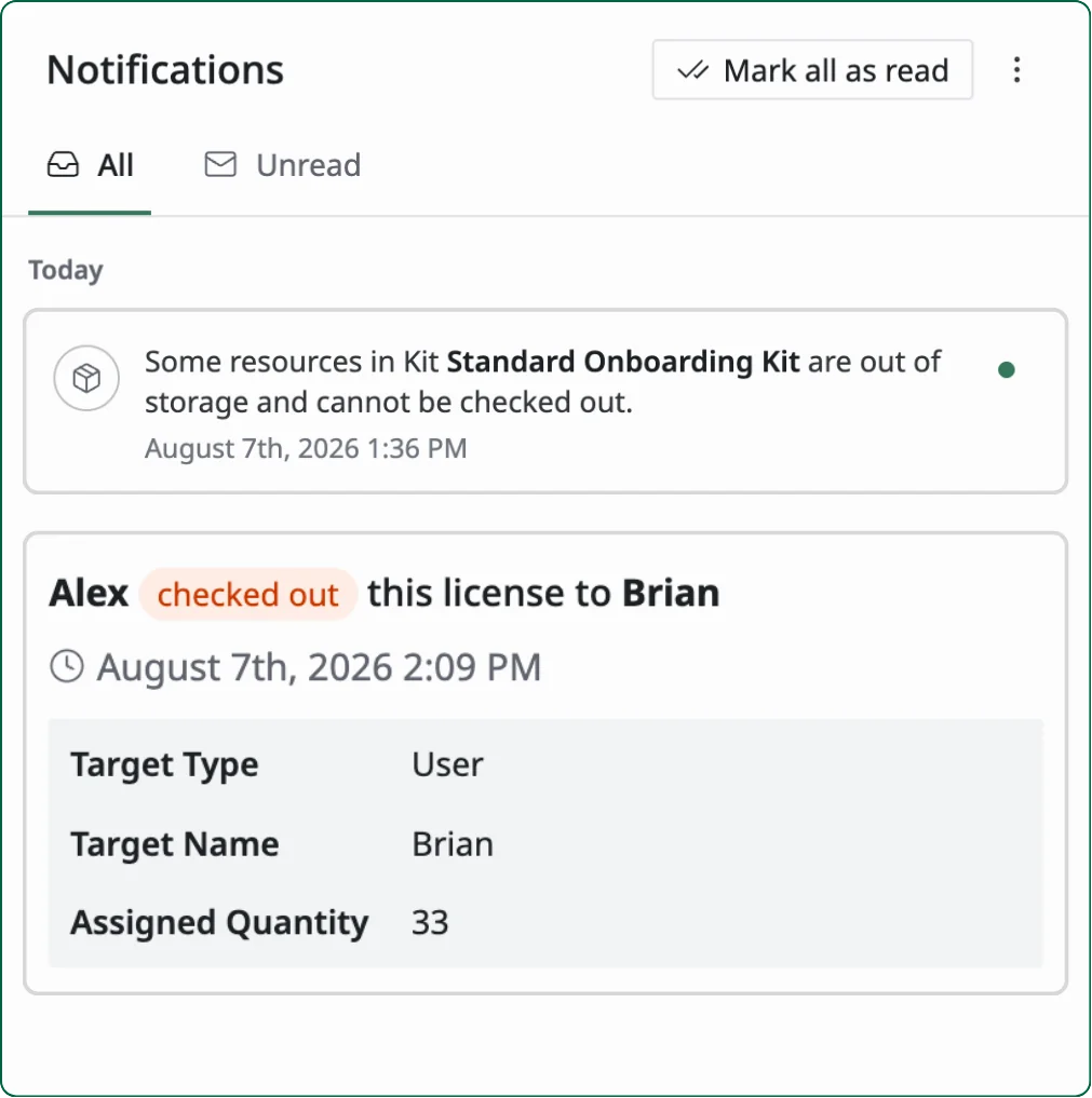 Notifications panel showing a low-stock kit alert and a license checkout event with target details