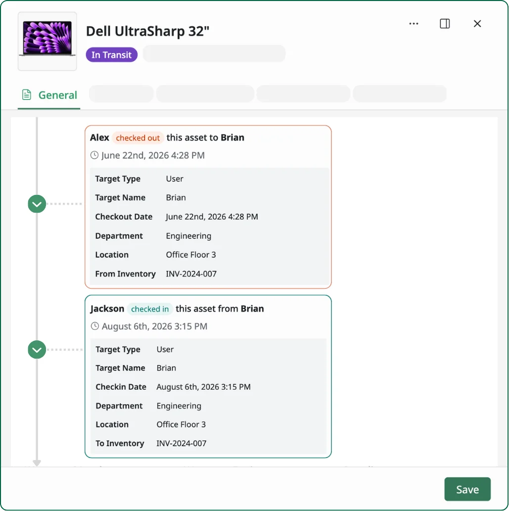 Asset history panel showing checkout and check-in records with target, department, and location details