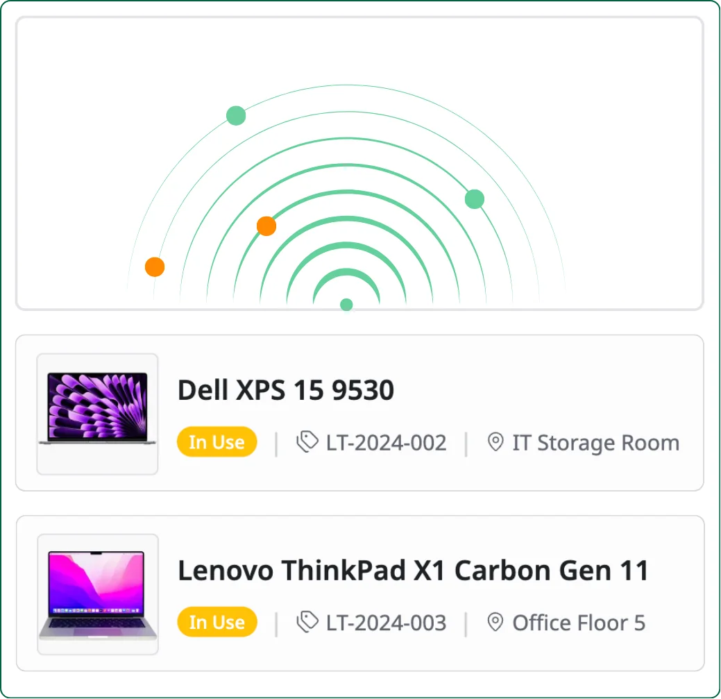 Network discovery panel with radar scan visualization and list of found devices