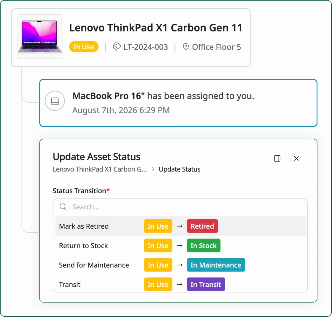AssetLoom update status modal with status transition options