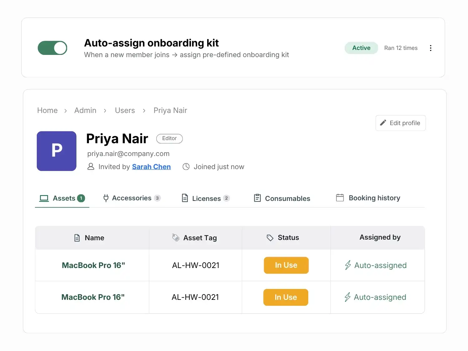 Automatically equip new hires - onboarding kit auto-assignment.