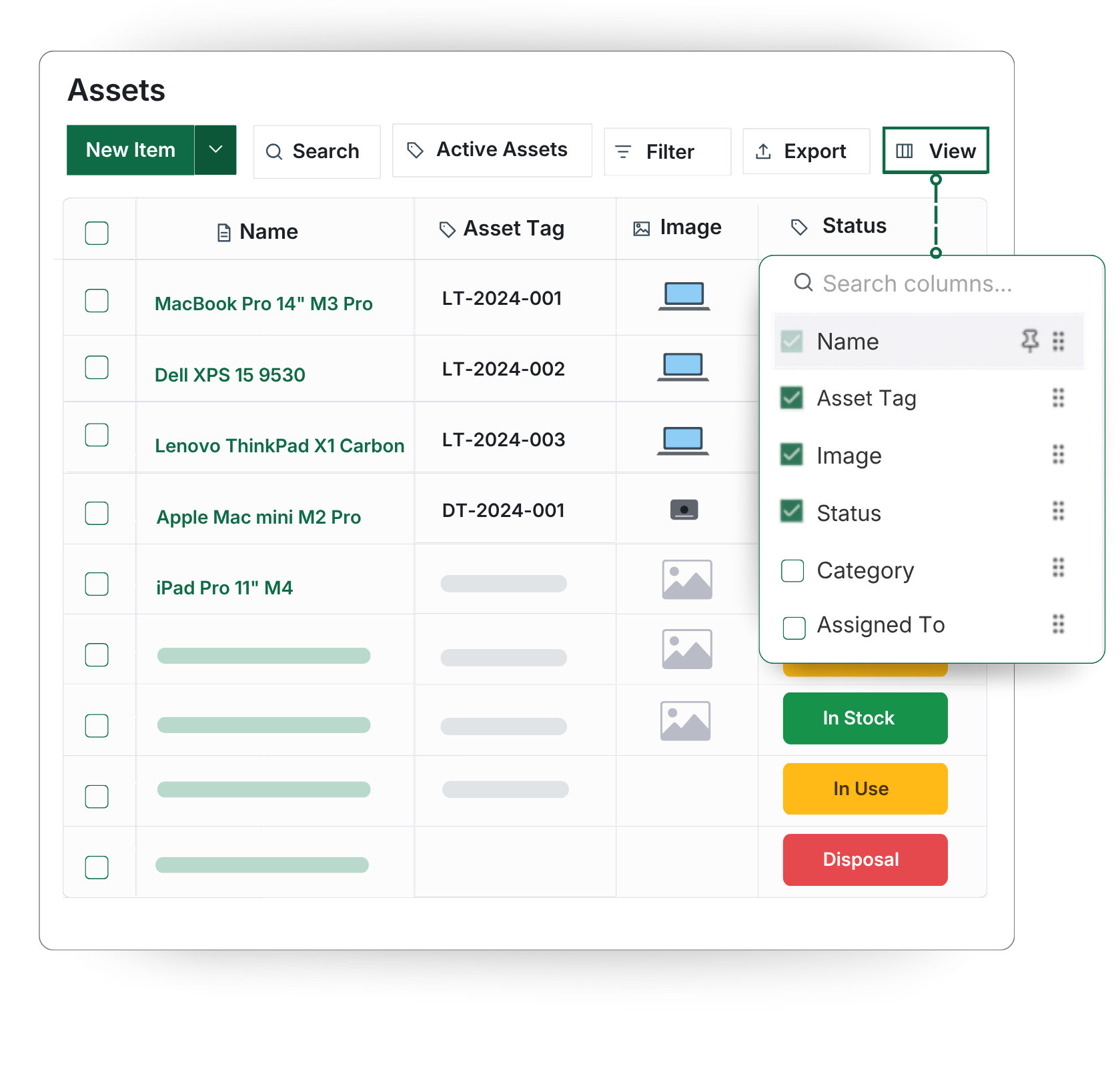 AssetLoom asset list with configurable columns