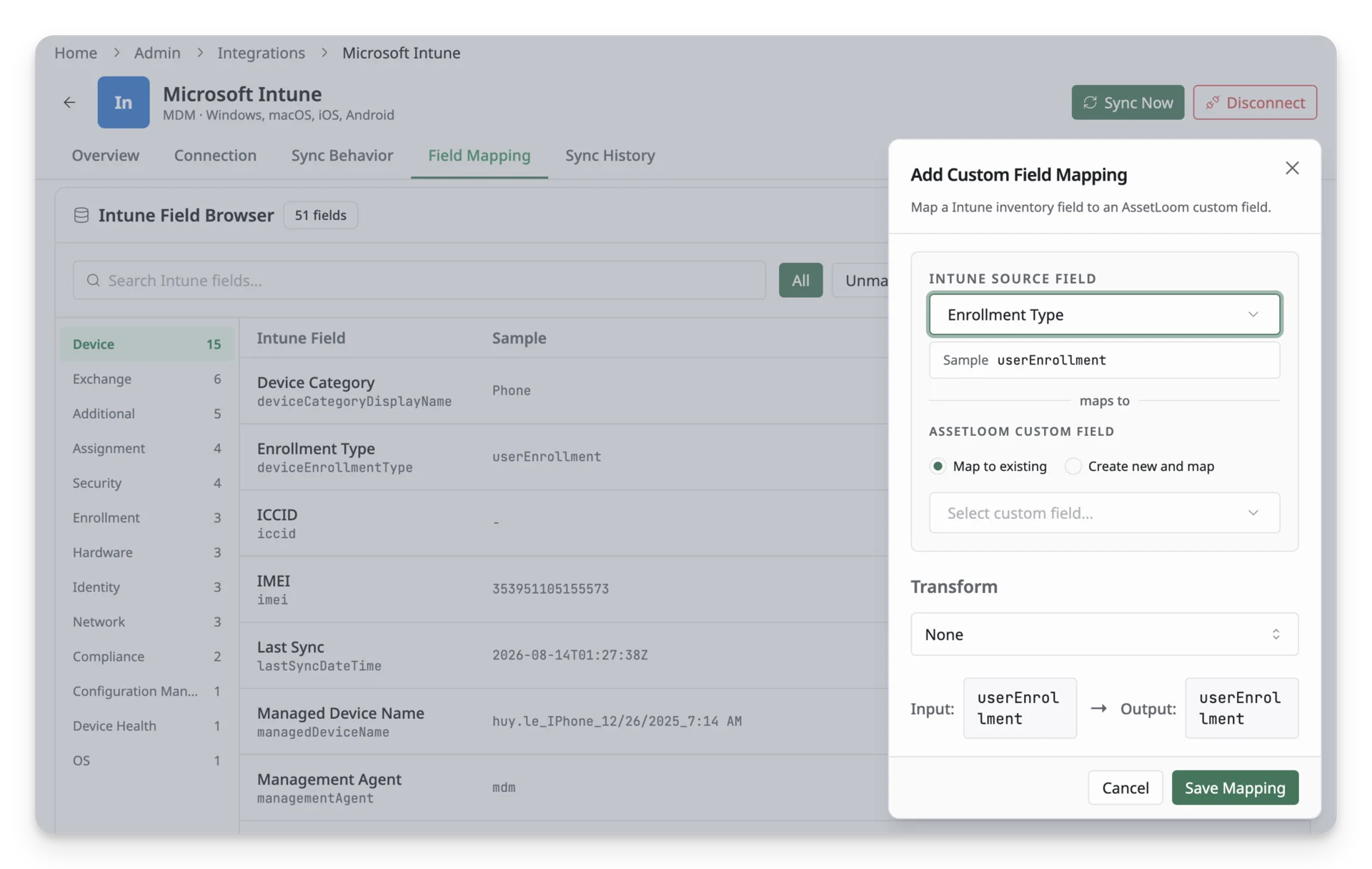 The Add Mapping panel opens with that Intune field already selected