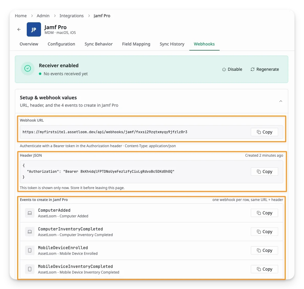 Generate webhook setup token