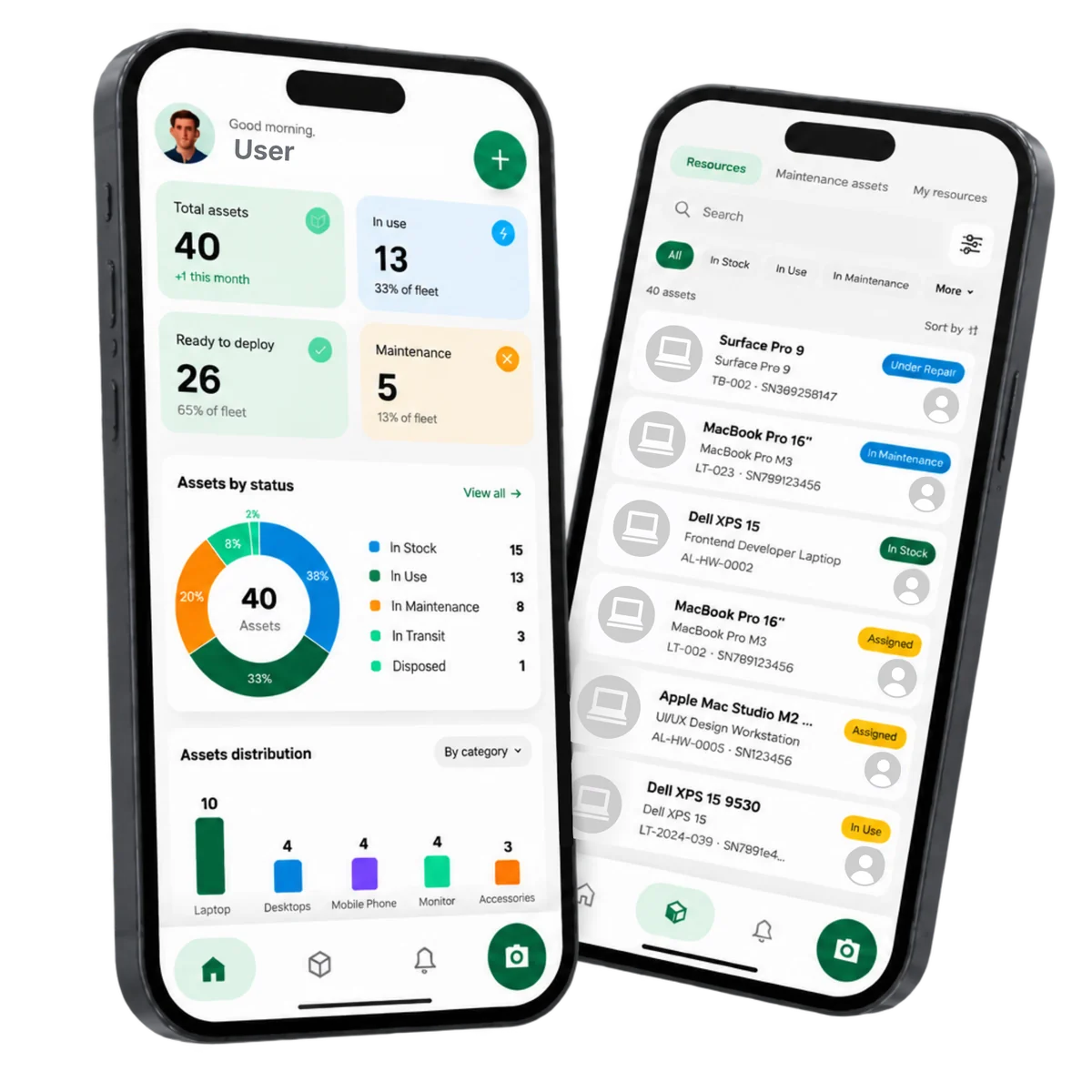 AssetLoom mobile app showing the dashboard and asset list