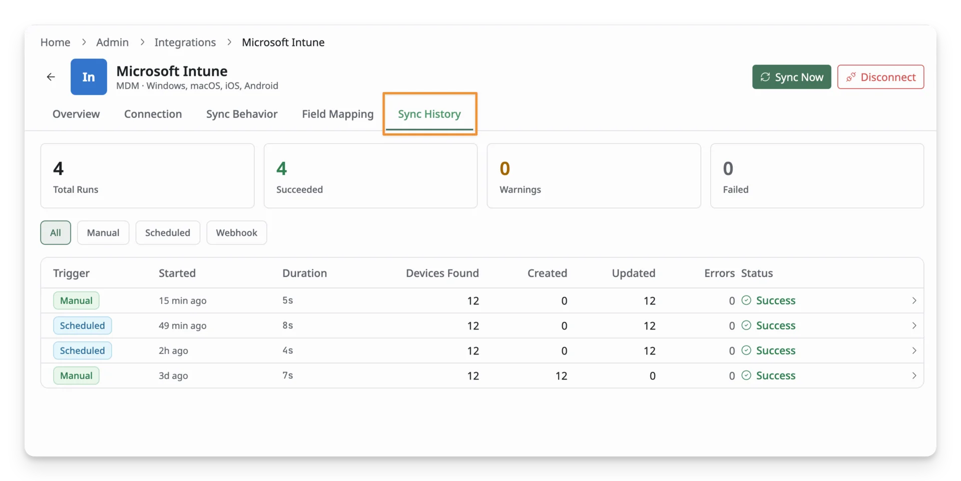 open the Microsoft Intune Integration Details page and select the Sync History tab