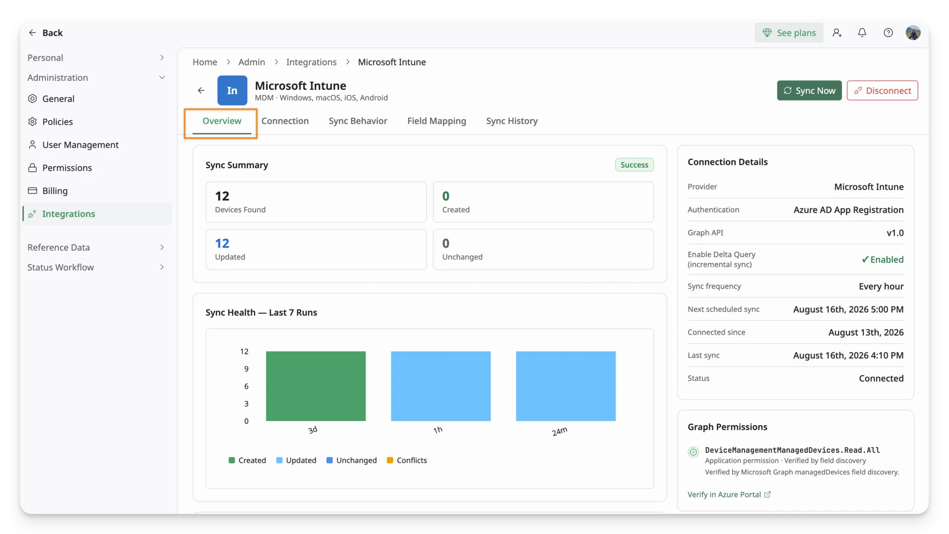 open the Microsoft Intune Integration Details page and navigate to the Overview tab open the Microsoft Intune Integration Details page and navigate to the Overview tab