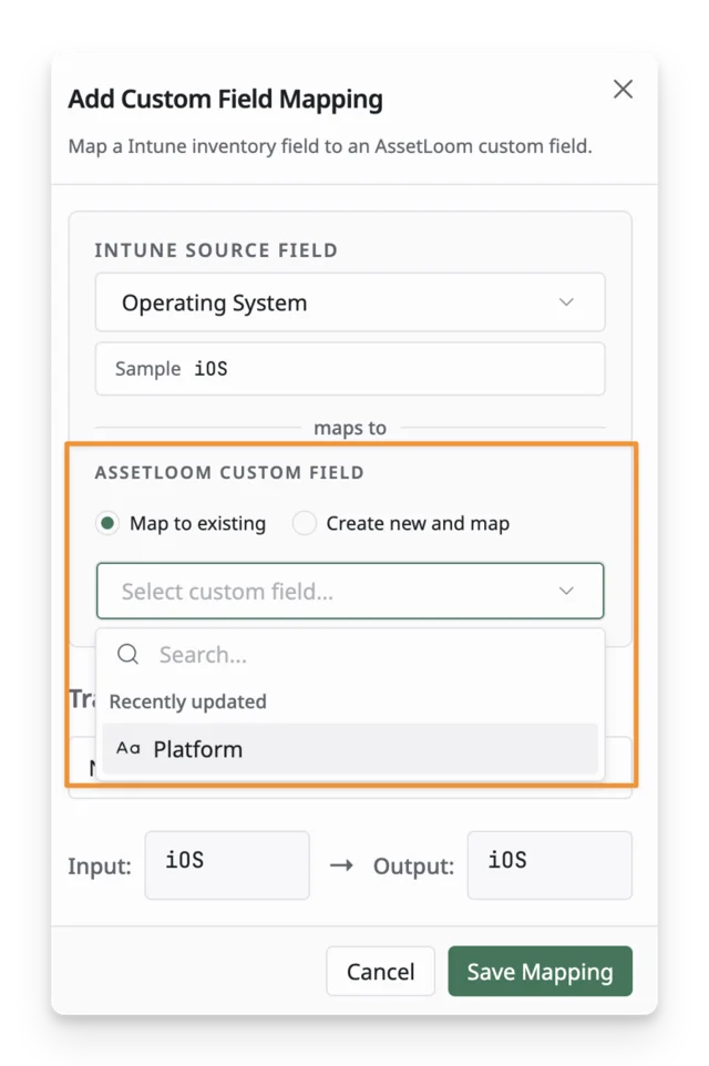 map intune fields to existing fields in AssetLoom