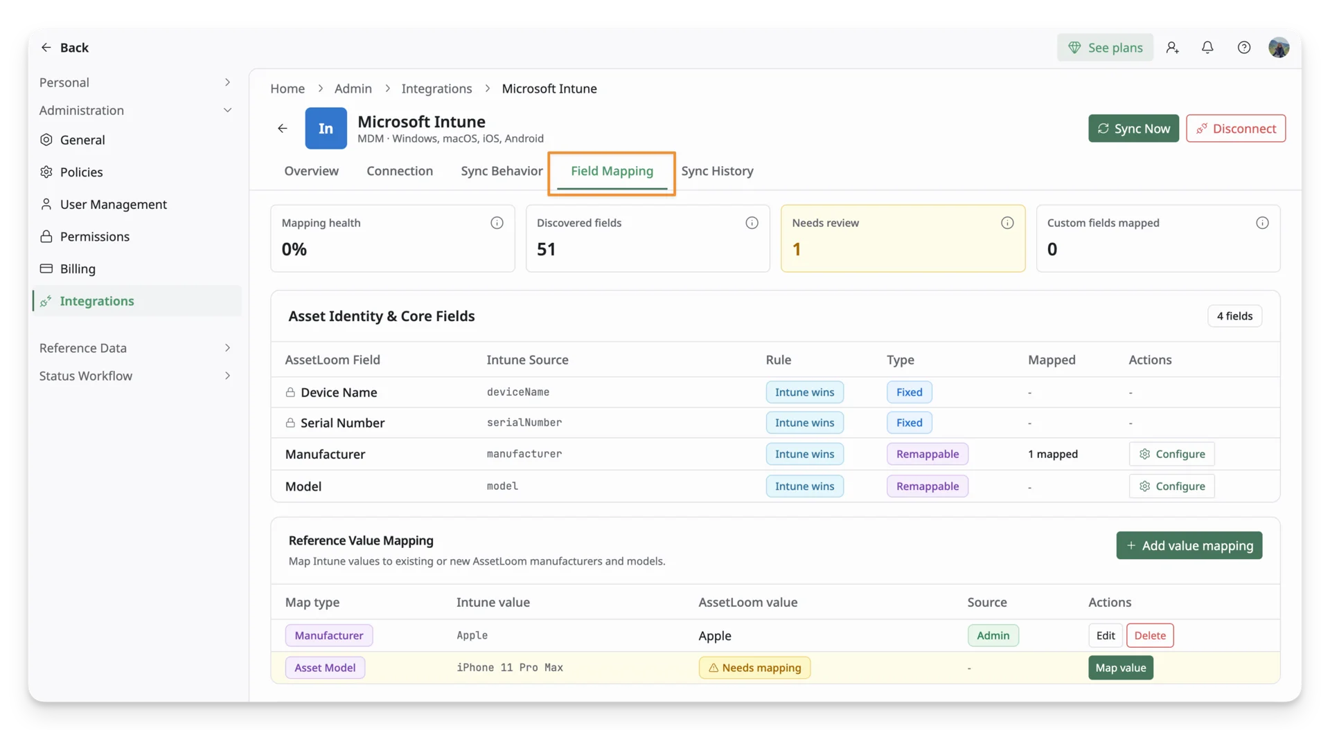 microsoft intune integrations field mapping