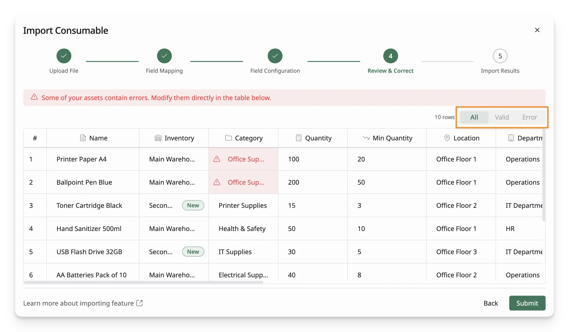 Consumable Error Filtering Consumable Error Filtering