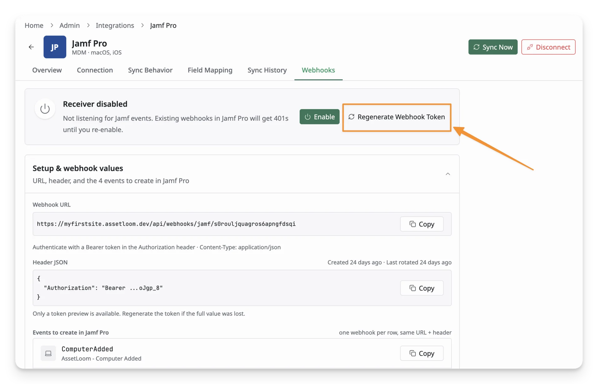 Regenerate the webhook token