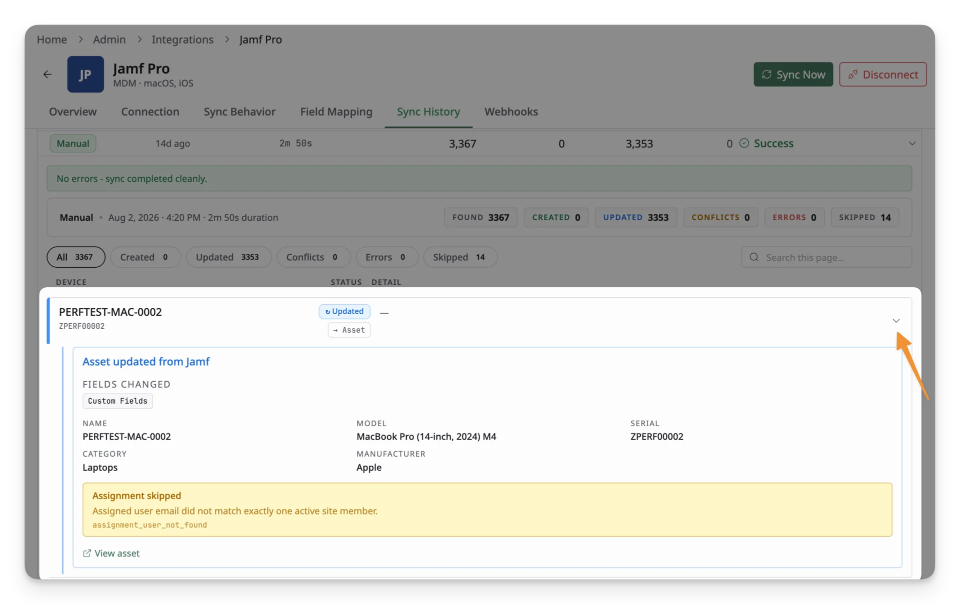 review a device sync result