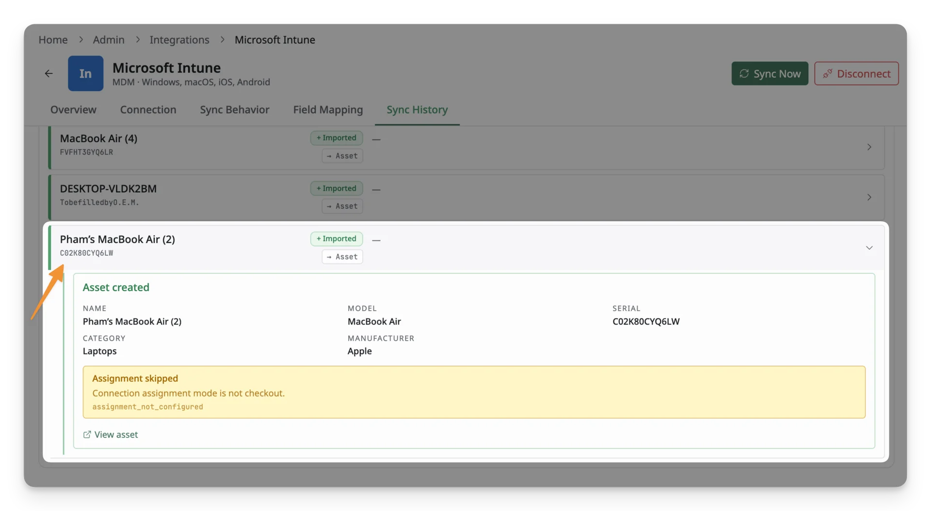 review an Intune sync result