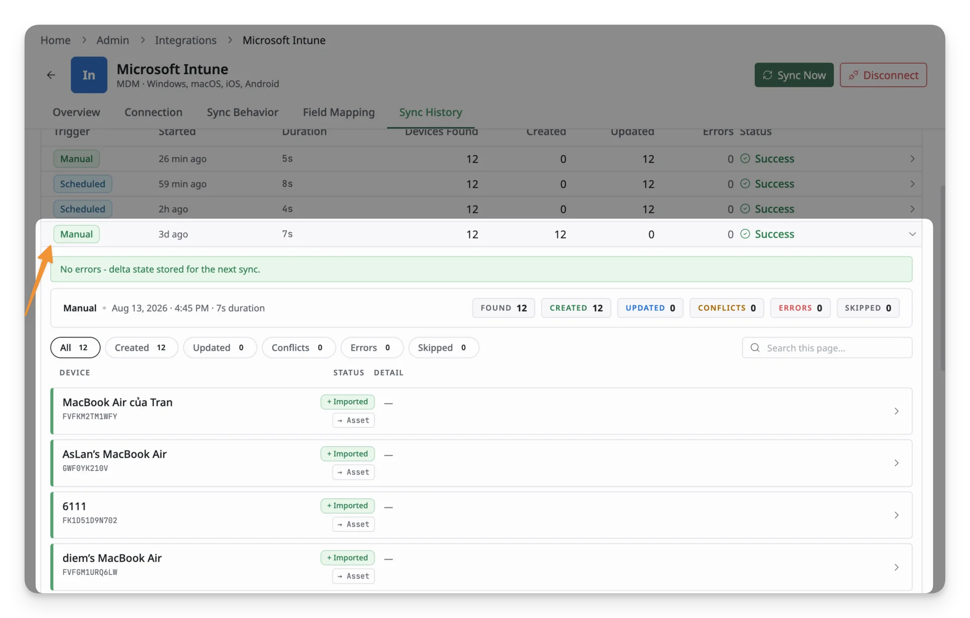 review an Intune sync