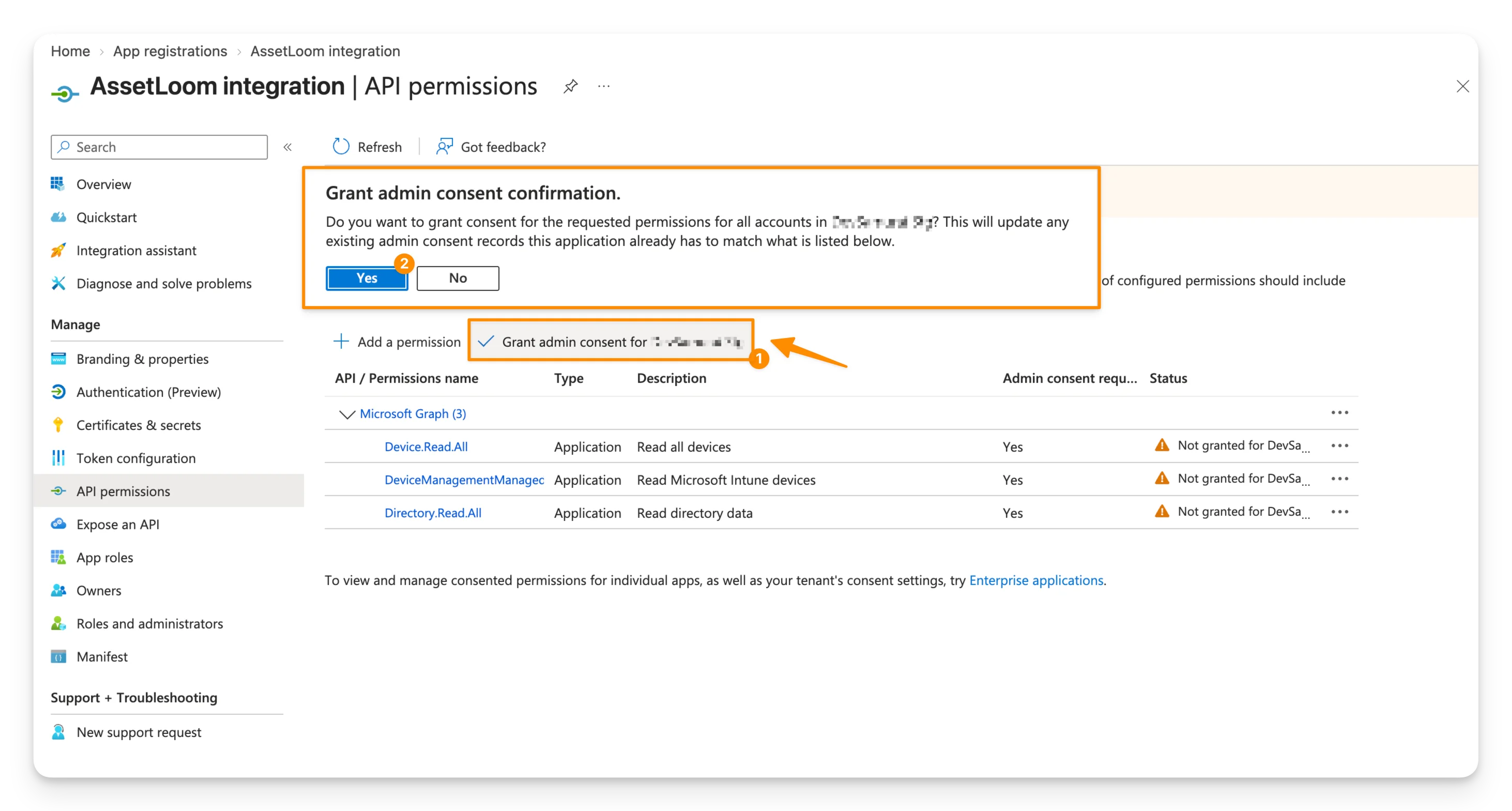 Select Grant admin consent for...