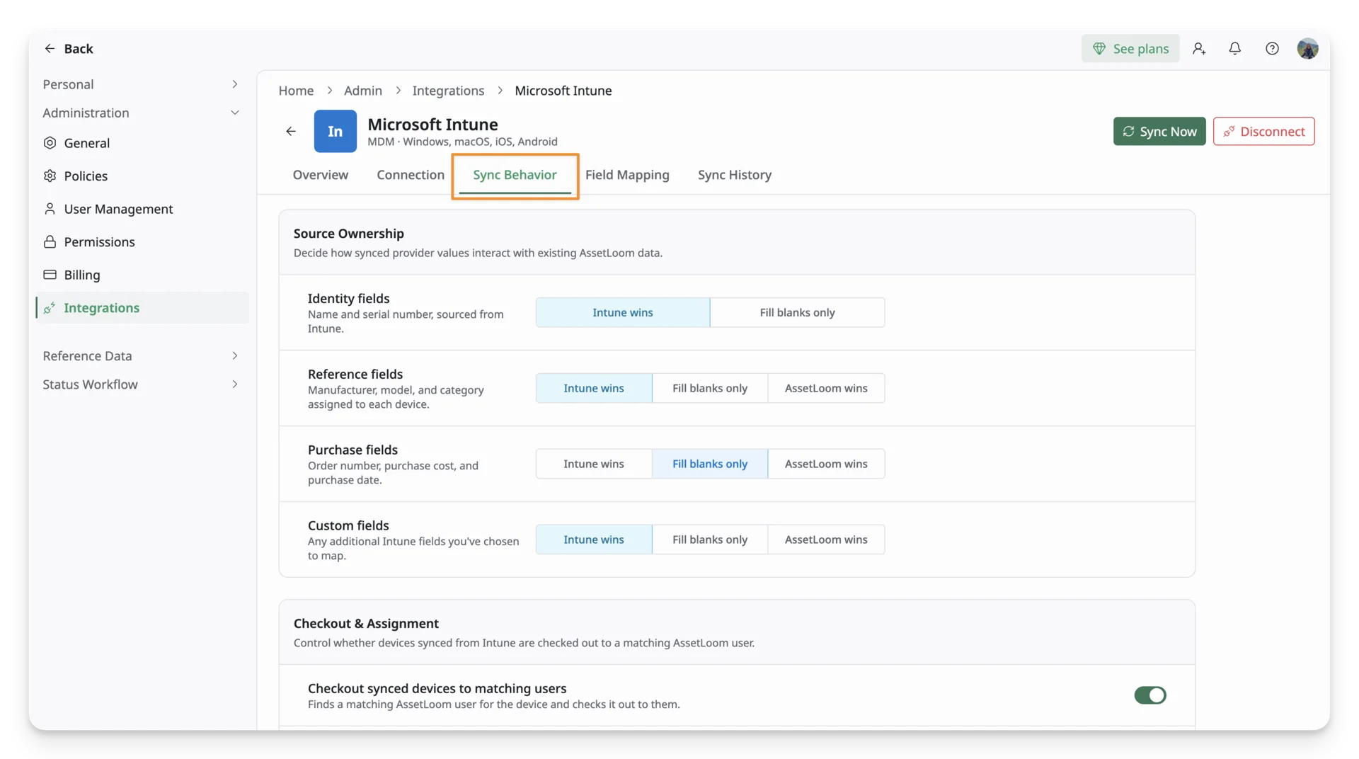 The sync behavior screen in Microsoft Intune integration feature