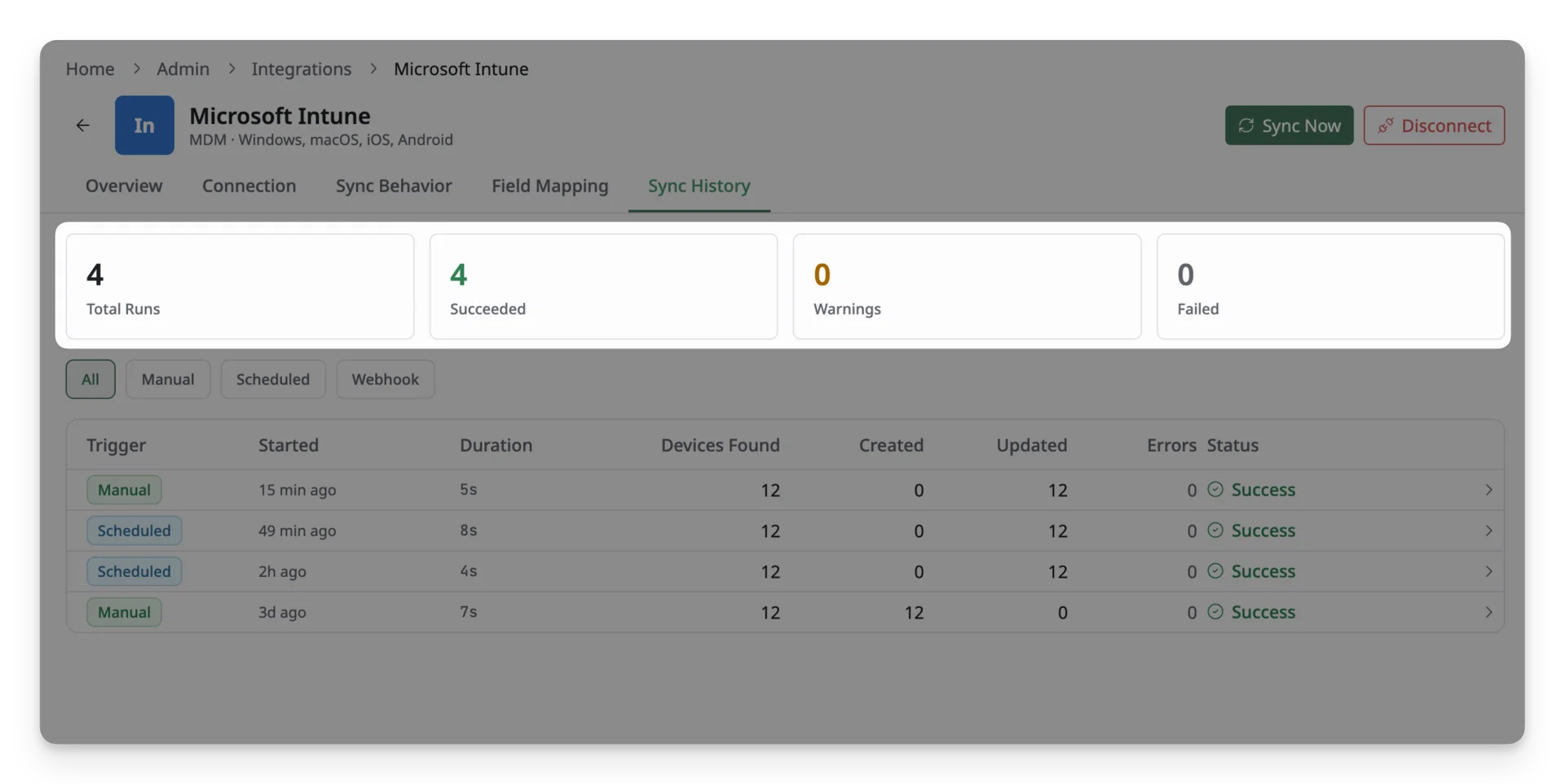 Sync History Overview Intune Integration